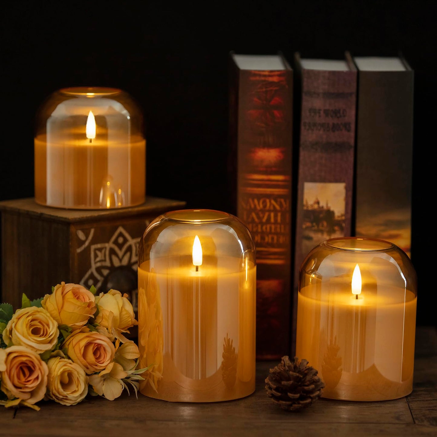 volnyus Gold Glass Flameless Candles with Remote Battery Operated Flickering LED Pillar Candles Real Wax 3D Wick Φ4 H 4" 5" 6"