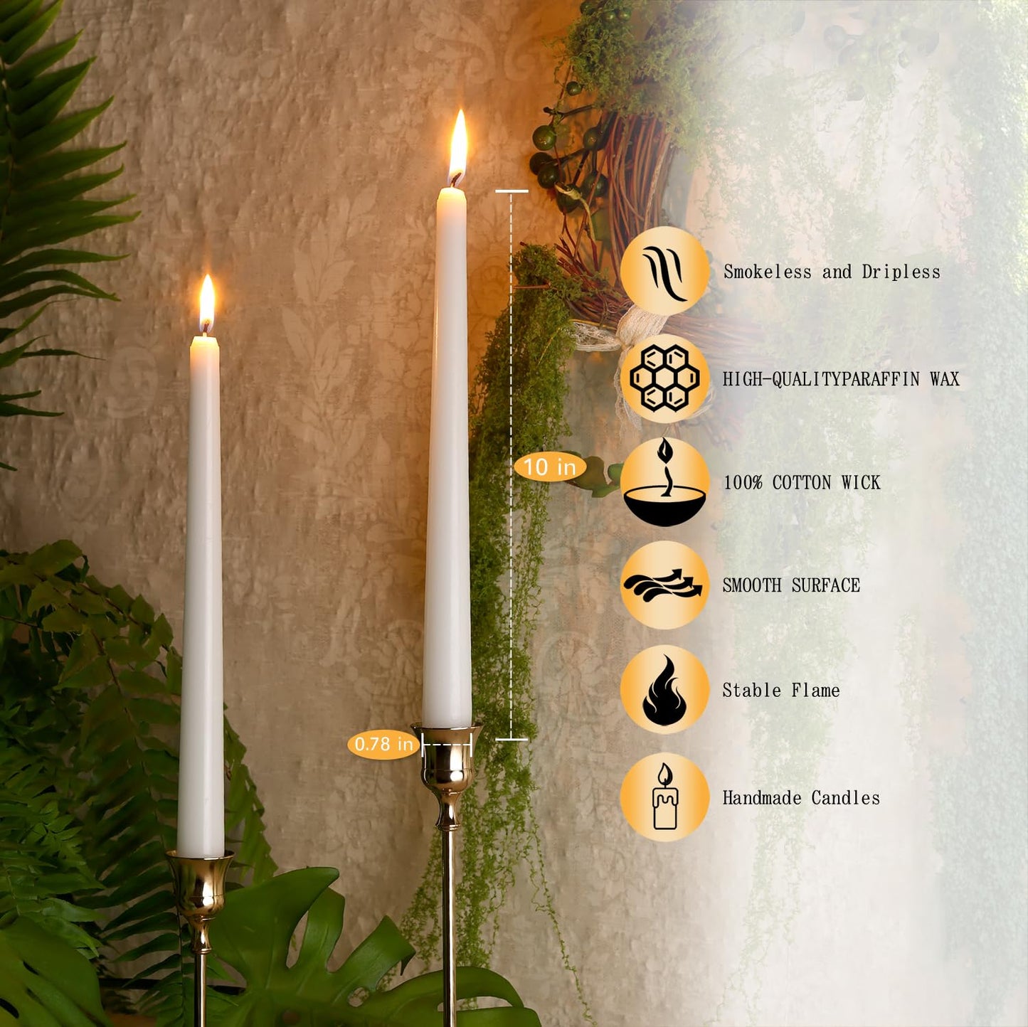 UniEasy Christmas 12 Pack White Taper Candles - Tapered Candles 10 Inch, 8 Hours Long Burning Smokeless & Unscented for Weddings, Party, Dinner Parties and Home Decor