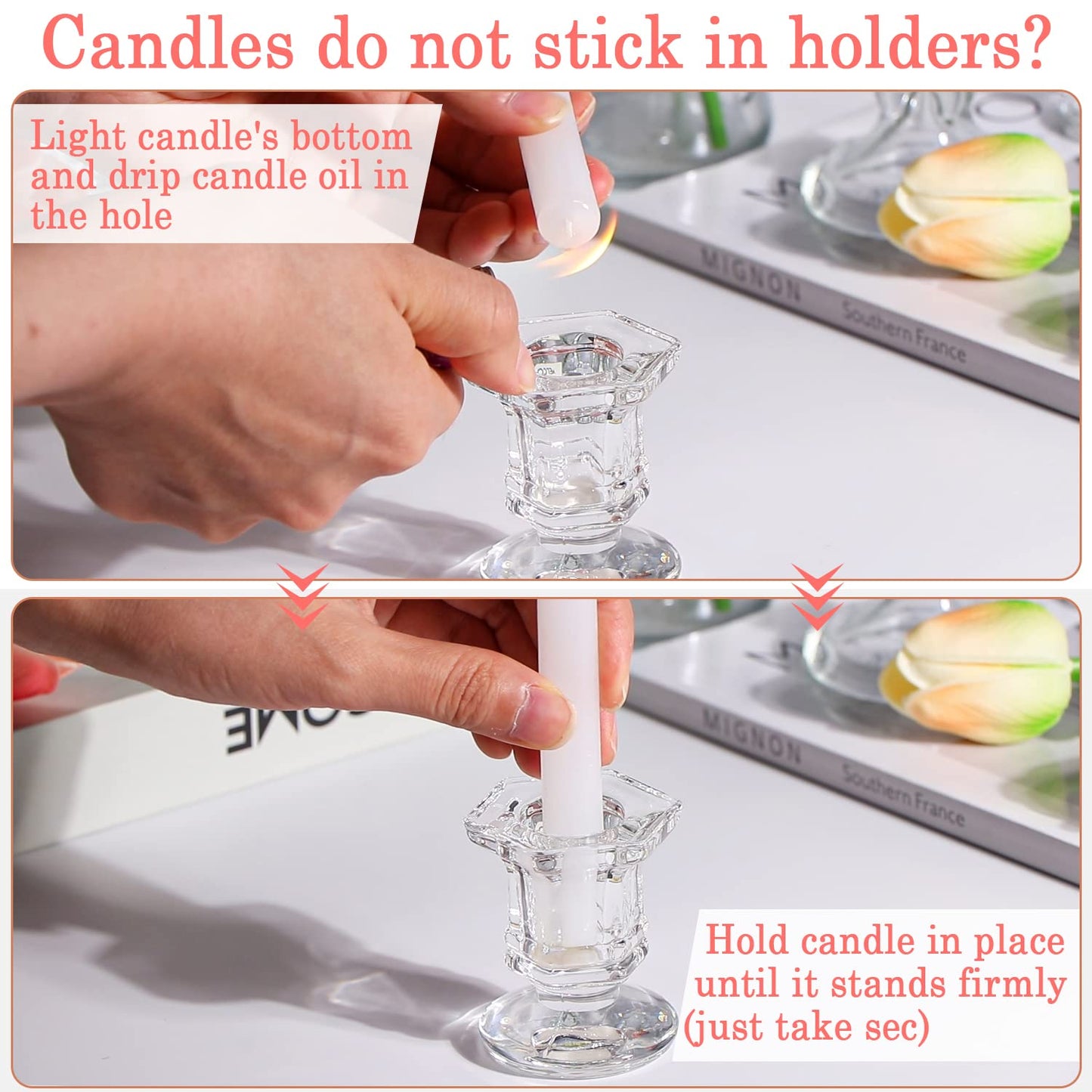 Lanttu 12 Pcs Clear Candlestick Holders Bulk, Glass Candle Holders Set Clear, Crystal Taper Candle Holder for Wedding, Table Centerpiece, Home Decoration