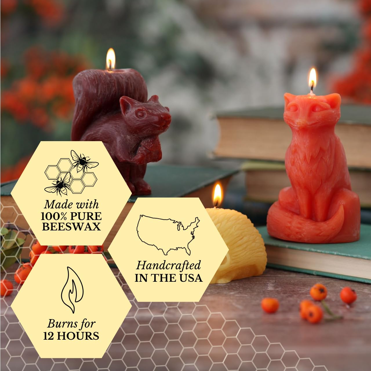 Big Dipper Wax Works Beeswax Squirrel Candle – Handcrafted 100% Pure Beeswax, Chestnut Brown Woodland Décor, Unscented, 24-Hour Clean Burn, Eco-Friendly Fall Animal Gift, 4" x 3.25"