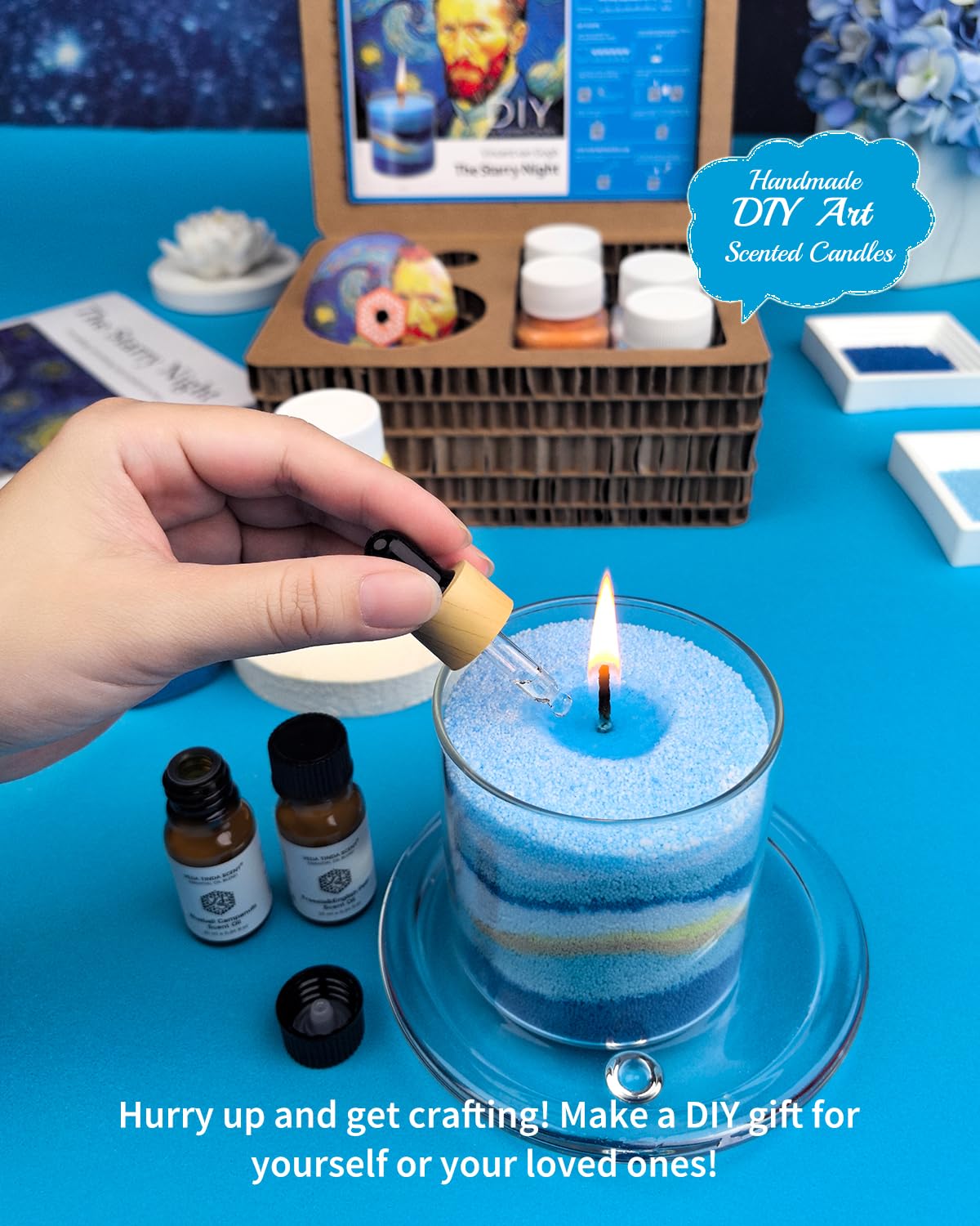 The Starry Night DIY Pearled Candle Sand Set - 11 Oz Sand Wax Beads (6 Colors), 2x10ml Scented Essential Oils, 4 Reusable Wicks, Glass Cup & Spoon, Home Decor & Handmade Gift & Craft Enthusiasts