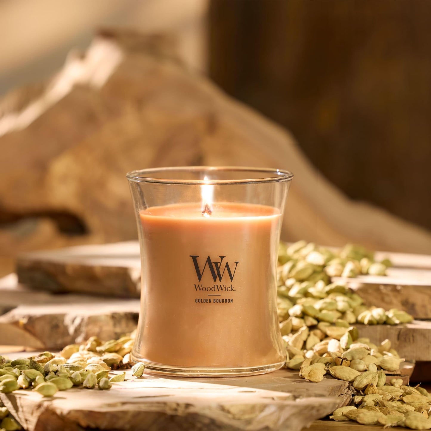 WoodWick Golden Bourbon Holiday Candle Gifts for Women and Men, 9.7 oz Medium Hourglass Candle with Crackling Wick