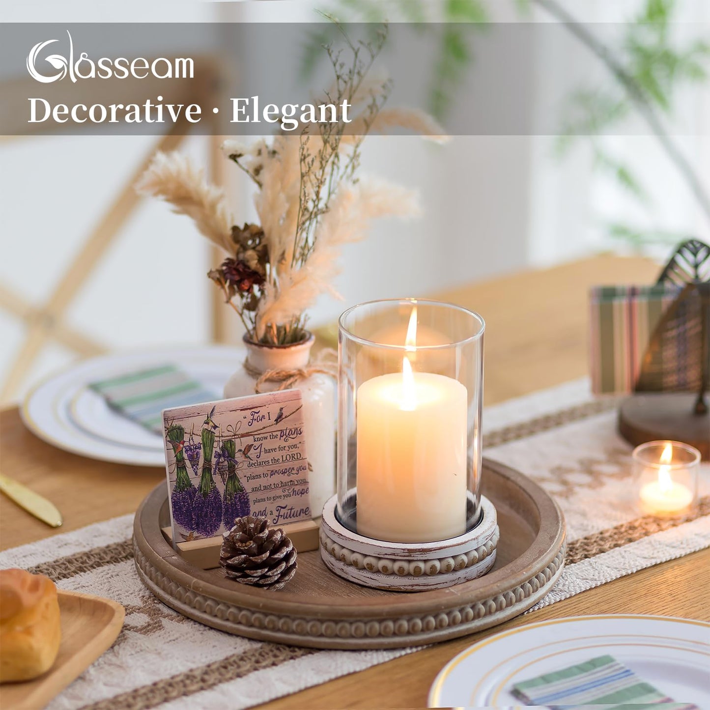 Glasseam Glass Hurricane Candle Holder, Decorative Candle Holders for Pillar Candles, Boho Candle Holders for Table Centerpiece, Glass Cylinder With Wood Beaded Candle Plate for Dining Room Decoration