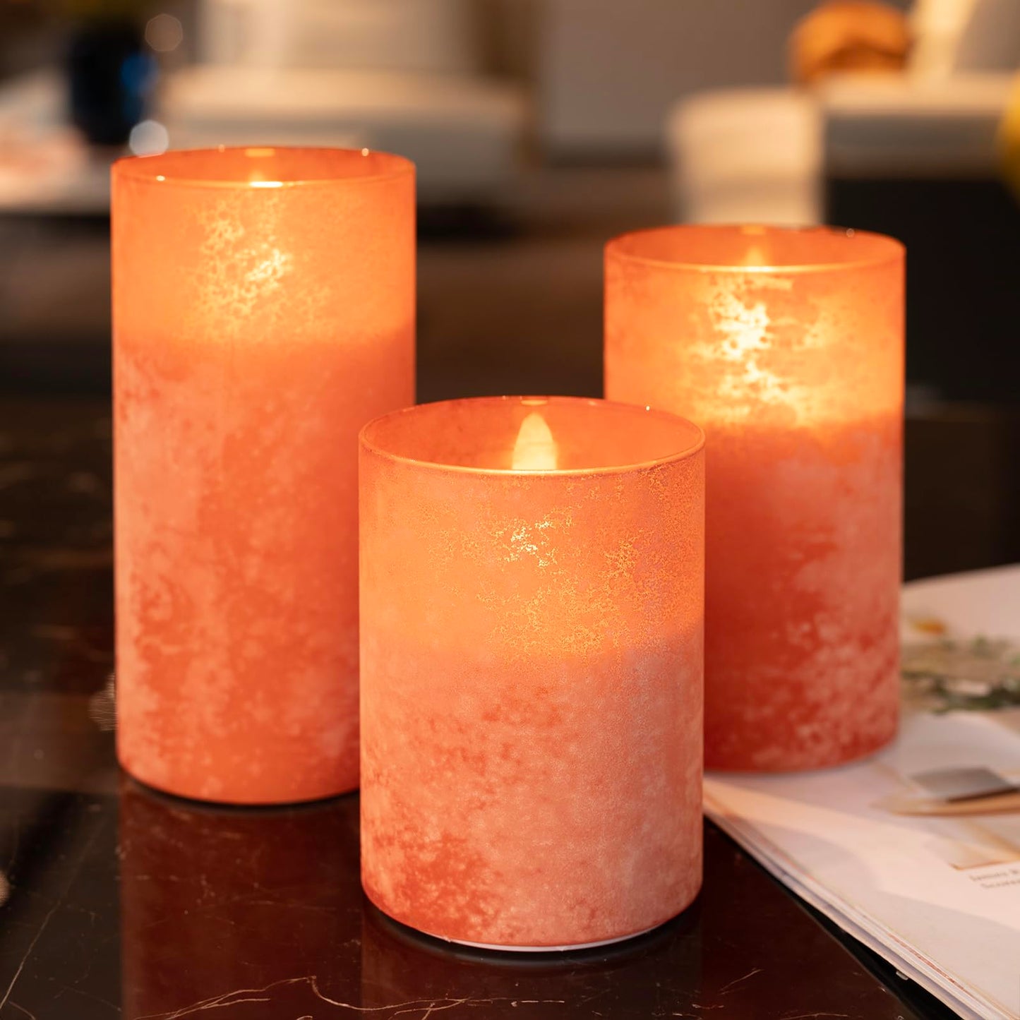 HJANDHJ Orange Flameless Candles, Sandblast Glass Battery Operated Candles with 10-Key Remote and Timer,Set of 3 Realistic Wax Candles for Home Decor (W3 H 4" 5" 6")