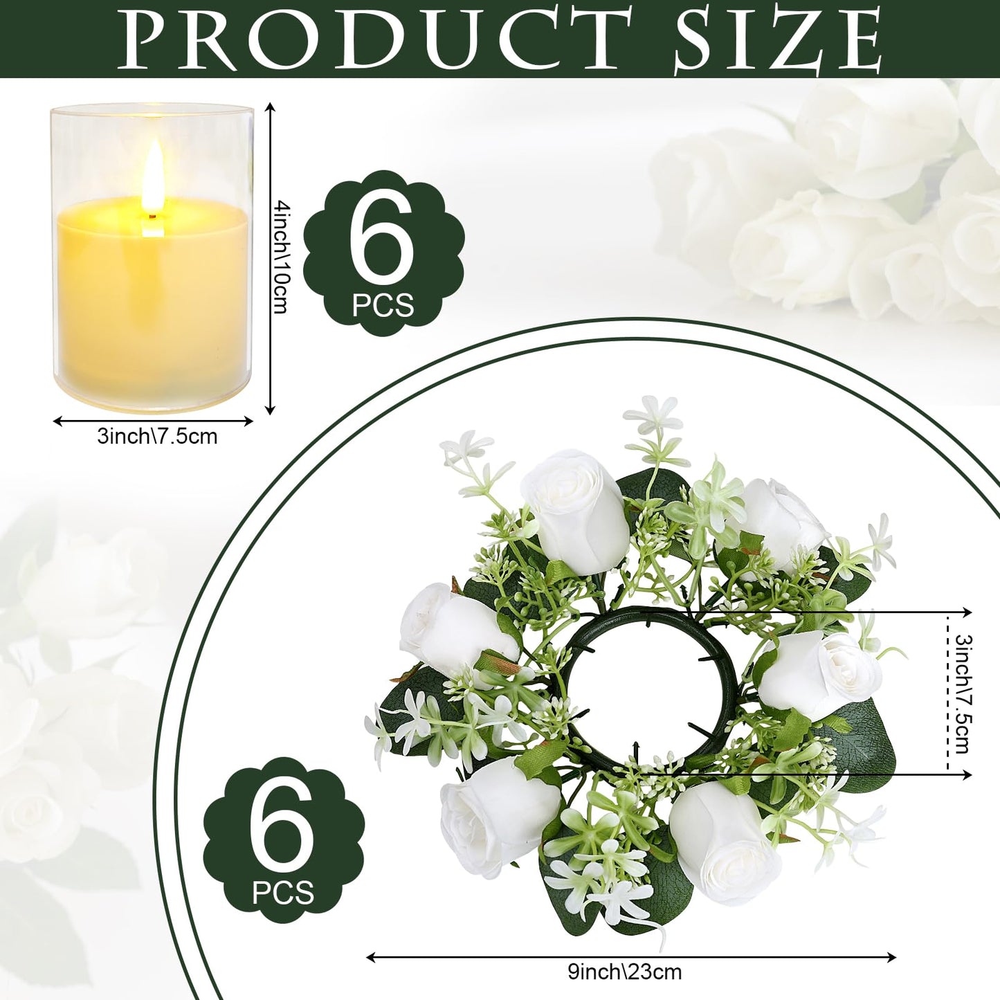 Tobilu 12 PCS Artificial Roses Rings - 3 Inch Roses Flower Wreaths with LED Candles Eucalyptus Pillar Holder Wreath for Wedding Table Centerpiece Home Decorations, White, 6 Sets