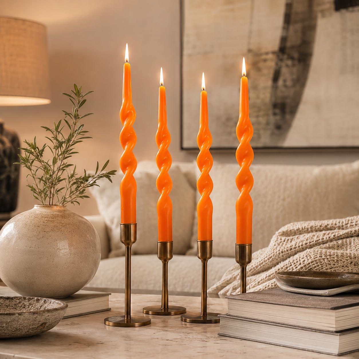 Spiral Taper Candles Set of 4, 10 Inch Orange Handmade Candle Stick, Unscented Tapered Candles, Twisted Candles for Wedding Dinner Table Home Decor Gift
