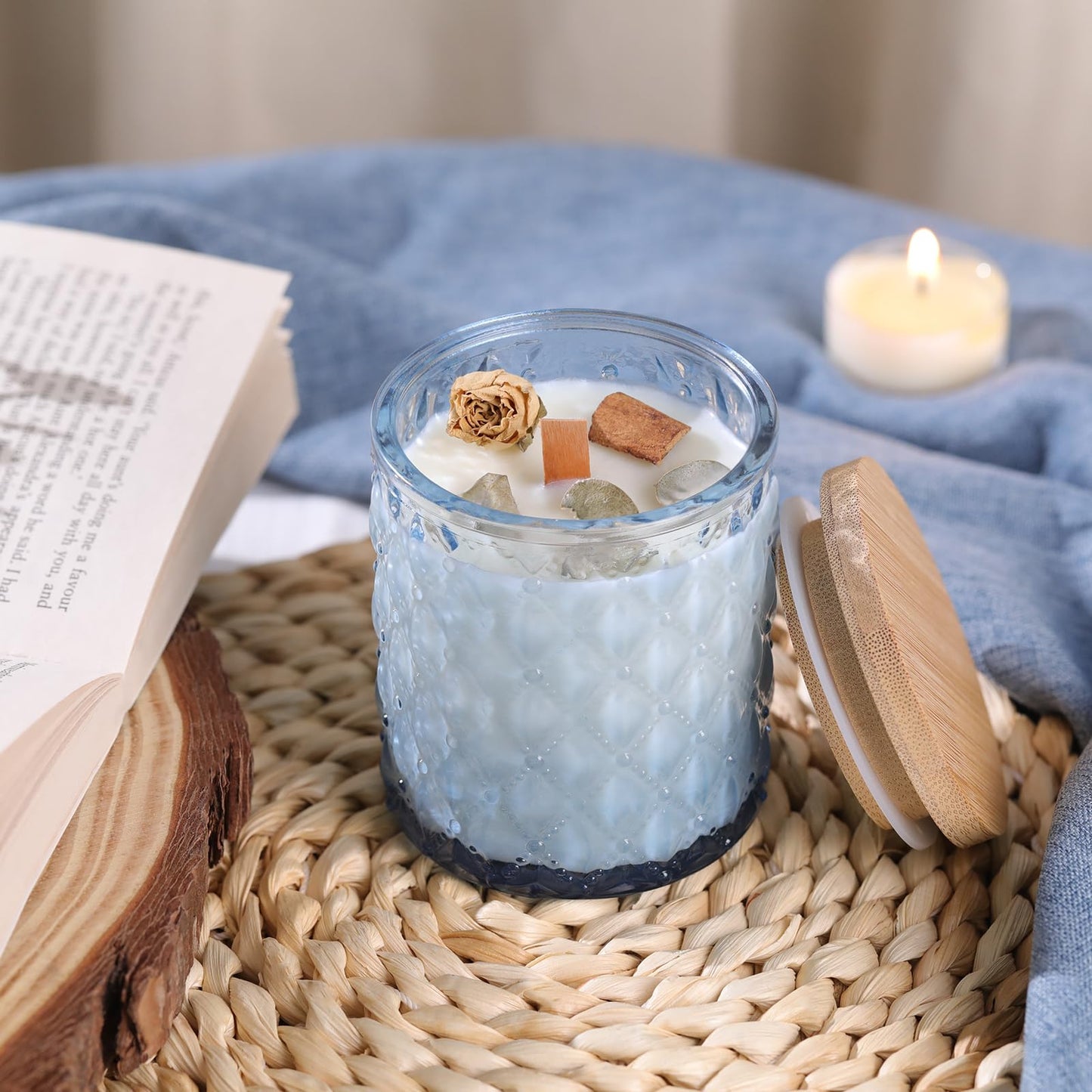 MATAHUM 8 Pack Blue Candle Jars for Making Candles, 7 OZ Empty Glass Candle Making Jars with Bamboo Lids for Candle Making Supplies, Candle Containers Vessels for Home DIY Decoration