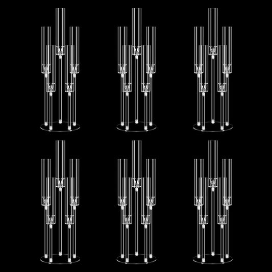 Clear 5 Arms Candlesticks Holder with Acrylic Shade for Wedding Table Decorations,26'' Tall Acrylic Candelabra Centerpieces for Candlelight Dinner Party Fireplace Gift Fit LED Candle（6 Pcs）