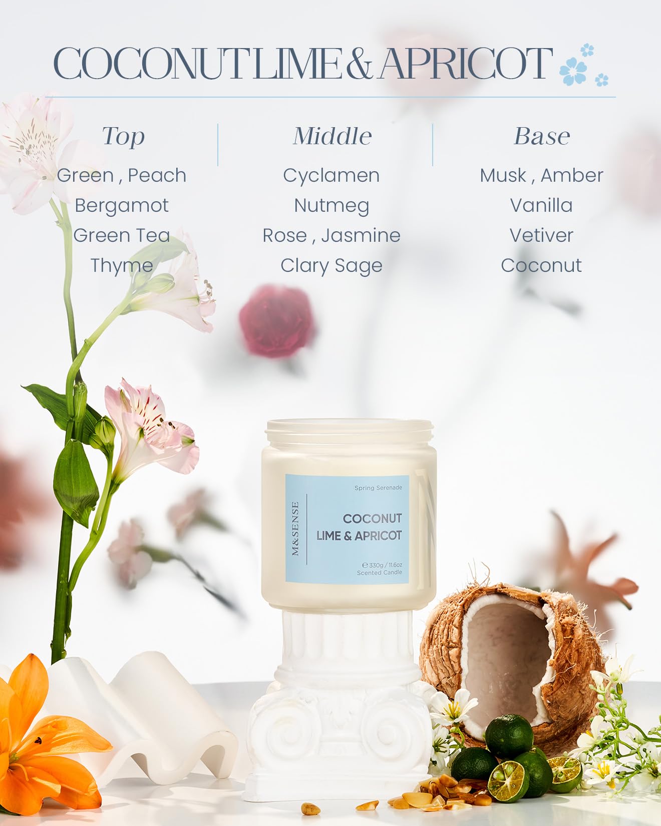 M&SENSE Coconut Scented Candle, 11.6oz Natural Organic Soy Wax, 70-Hour Long Lasting Burning, Clean Burn Non Toxic Tropical Candle for Home, Fruit Scent 2-Wick Housewarming Gift for Family Friends