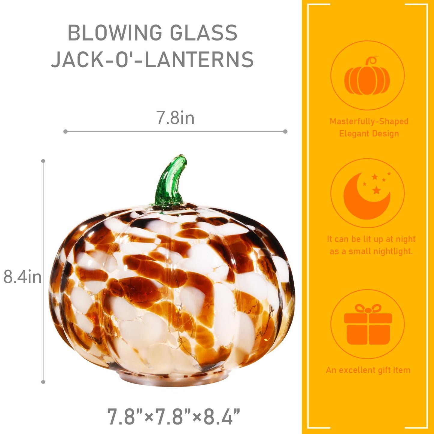 Naboher Handcrafted Glass Pumpkin with Warm LED Lights - Halloween & Thanksgiving Decor, Gift-Worthy Fall Home Decoration, 5.9-Inch Light-Up Tabletop Centerpiece (Green Leaf Coffee and Purple)