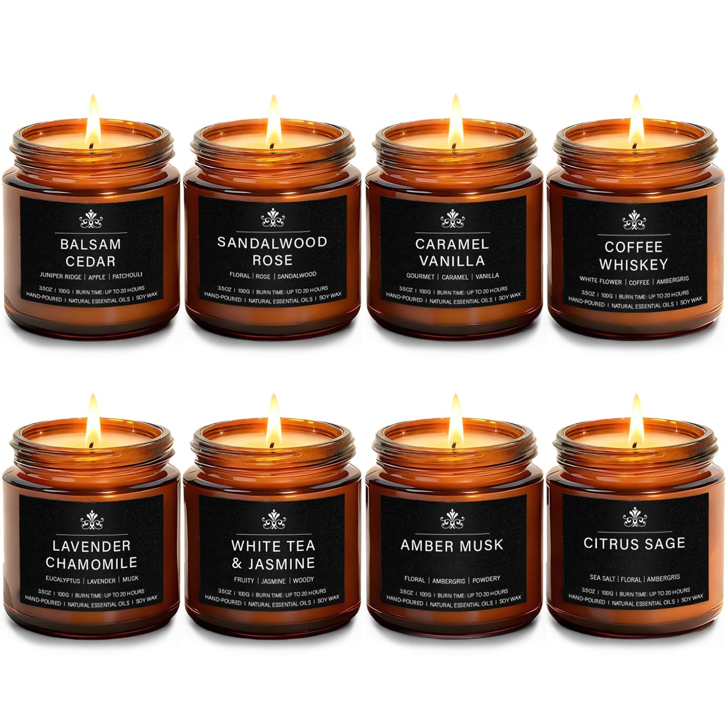 8 Pack Soy Wax Scented Candles Gift Set, Aromatherapy Candles with Lavender Chamomile, Citrus Sage, Caramel Vanilla, Coffee Whiskey, Long Lasting Stress Relief Candle, Unisex Home & Gift Set for Men