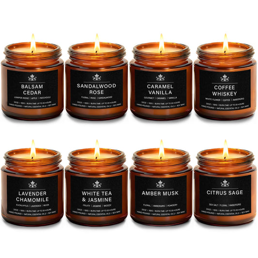8 Pack Soy Wax Scented Candles Gift Set, Aromatherapy Candles with Lavender Chamomile, Citrus Sage, Caramel Vanilla, Coffee Whiskey, Long Lasting Stress Relief Candle, Unisex Home & Gift Set for Men
