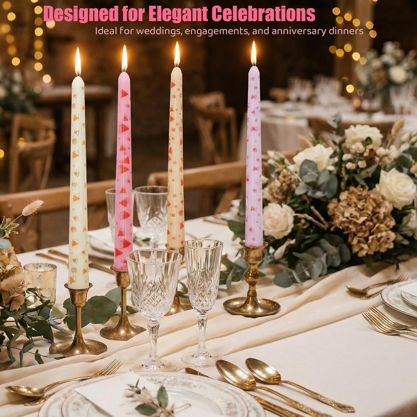 FYBW 10 Inch Decorative Taper Candles, 4 Pack – Modern Geometric Printed Candles for Dinner Table, Wedding, Mother’s Day & Home Decor