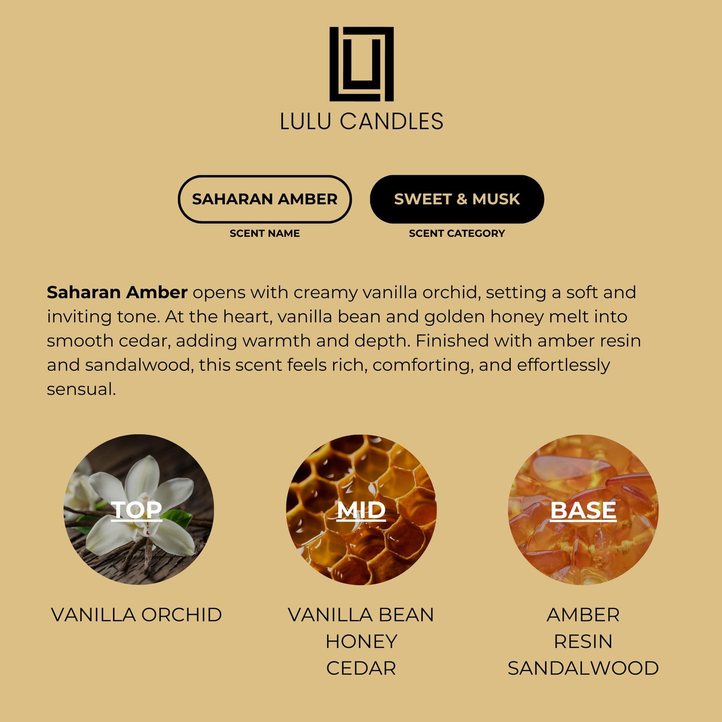 Lulu Candles | Sahara Amber Scented Soy Candle | Warm Amber & Vanilla Fragrance | Luxury Jar Candle | Highly Scented Long Lasting Candle | Home Fragrance Gift (9 Oz.)