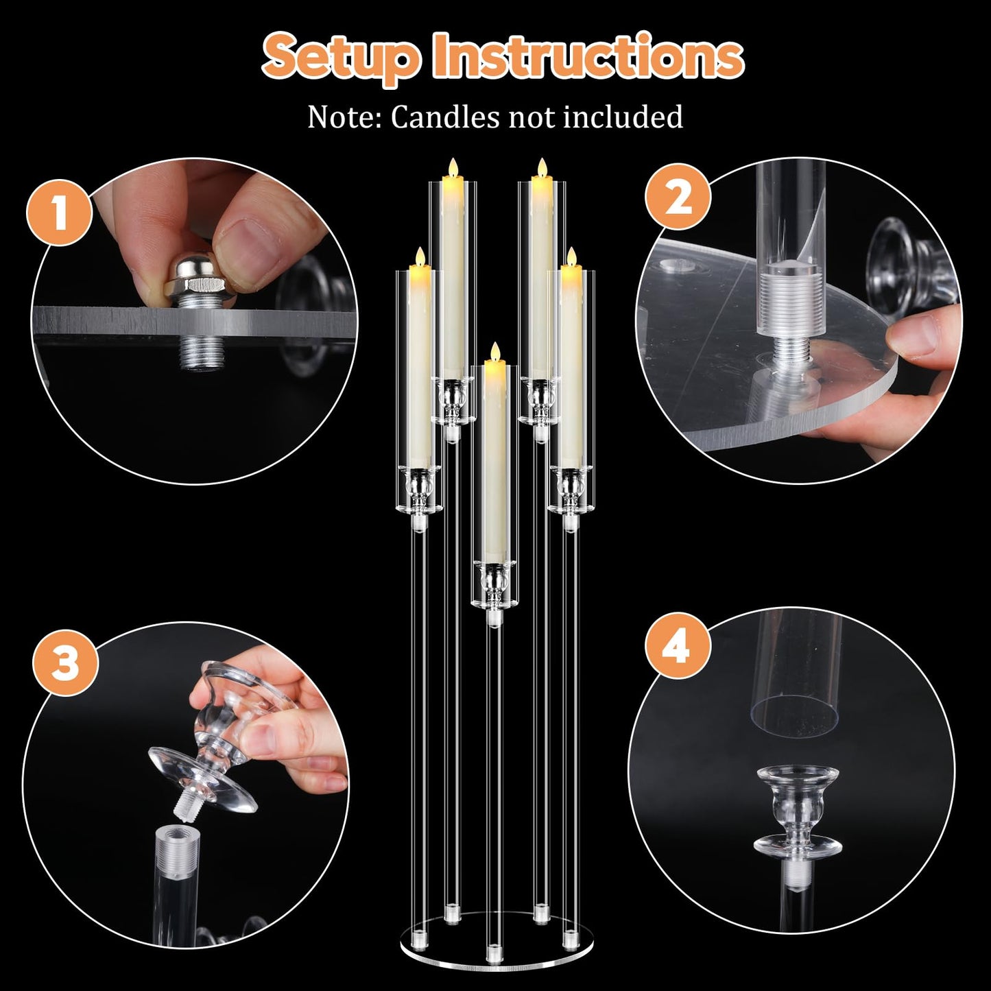 4Pcs 5 Arms Acrylic Candelabra Centerpieces for Tables Decortion,Clear Candle Holder for Wedding Dinner Fireplace Decoration,35 inches Tall Candlesticks Holder with Lampshade, Fits LED Candle