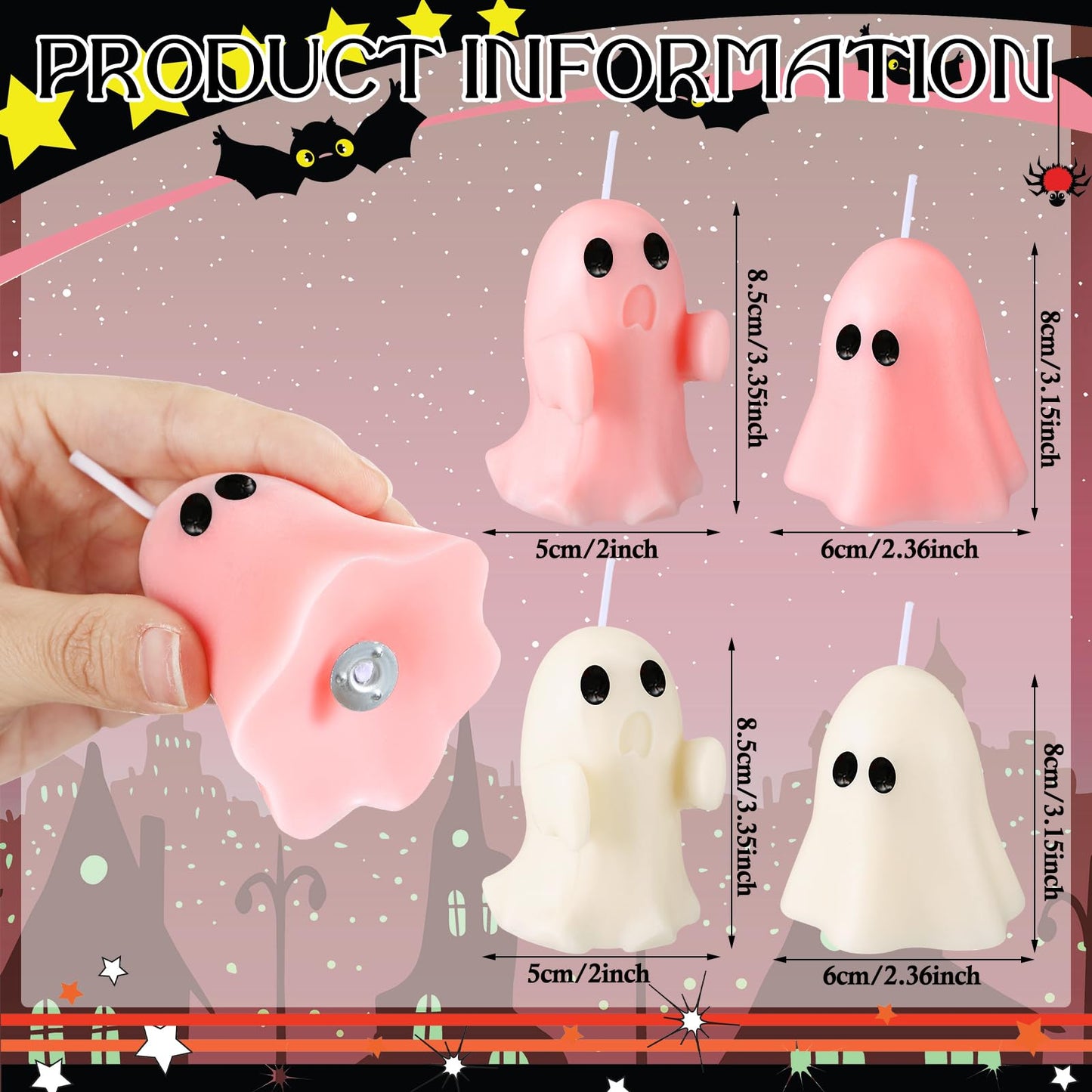 Minatee 4 Pieces Large Pink Halloween Ghost Candles Cute Pastel Spooky Goth Decor Burning Scented Wax Candles Gifts for Boo Basket Stuffers Halloween Room Table Indoor Decorations, 2 Style