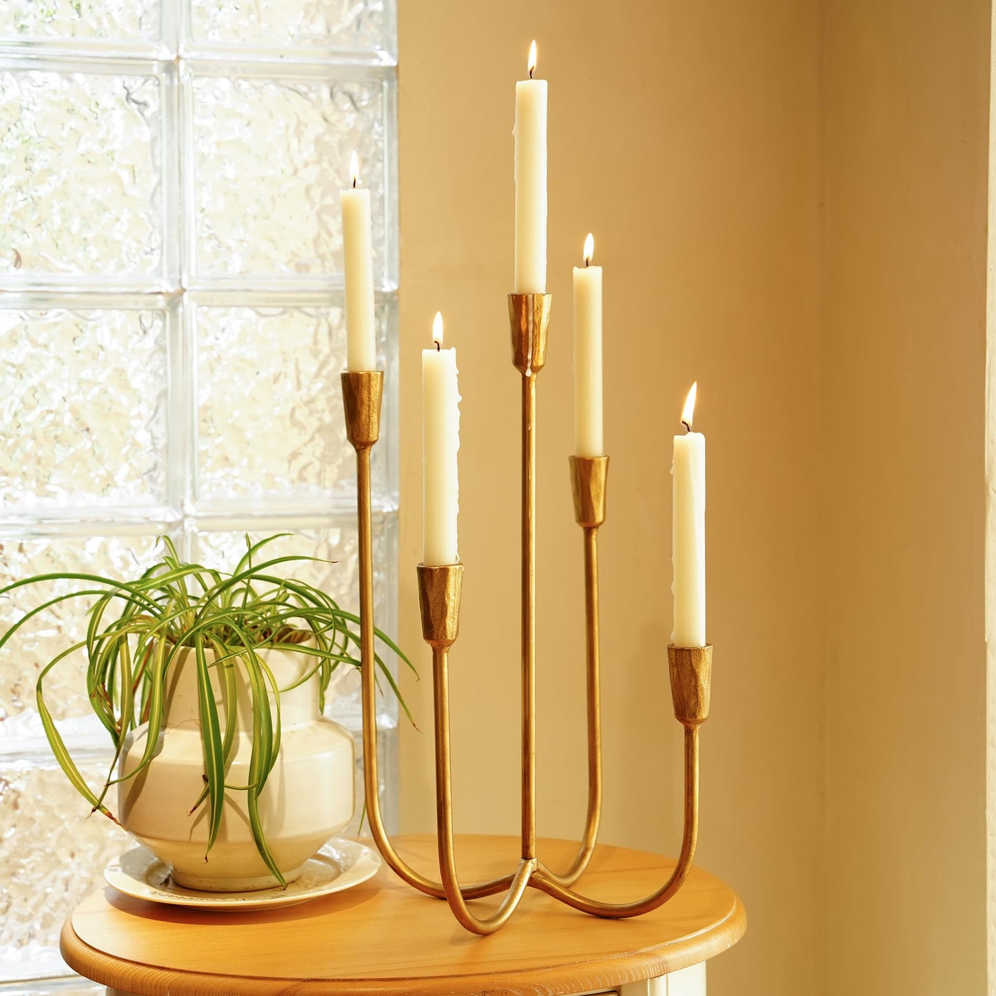 Cast Iron Candelabra 5-Taper Candle Holders, Golden Metal Candlestick Holders Tabletop Candles Stand, Decorative Table Centerpieces Mantel Decor, Antique Brass