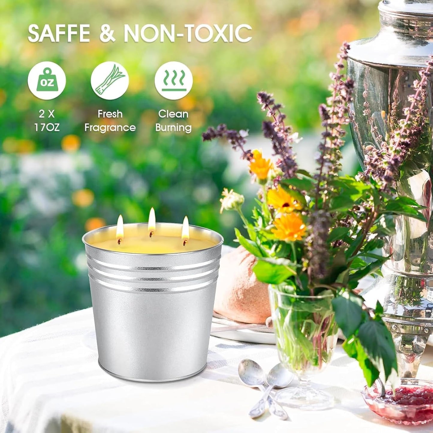 Set of 2 Citronella Outdoor Candle - 17 oz Large 3-Wick Soy Wax Candle with up to 180 Hours of Burning time, Perfect for Yards, Gardens, Balconies and Camping.