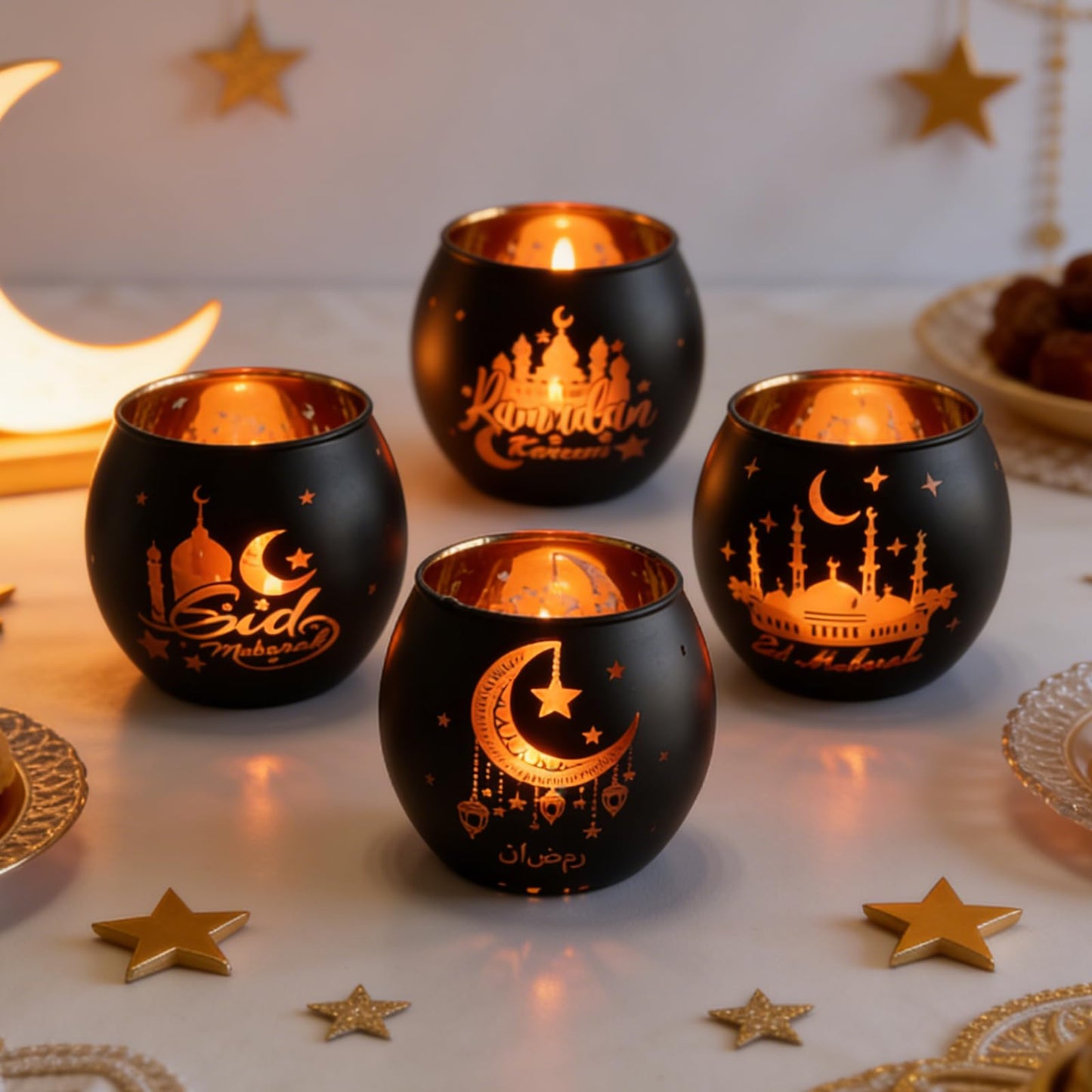Eid Mubarak Glass Tea Light Candle Holders, Votive Tealight Holder Table, Centerpiece Decorations for Muslim Party Decor (Ramadan)