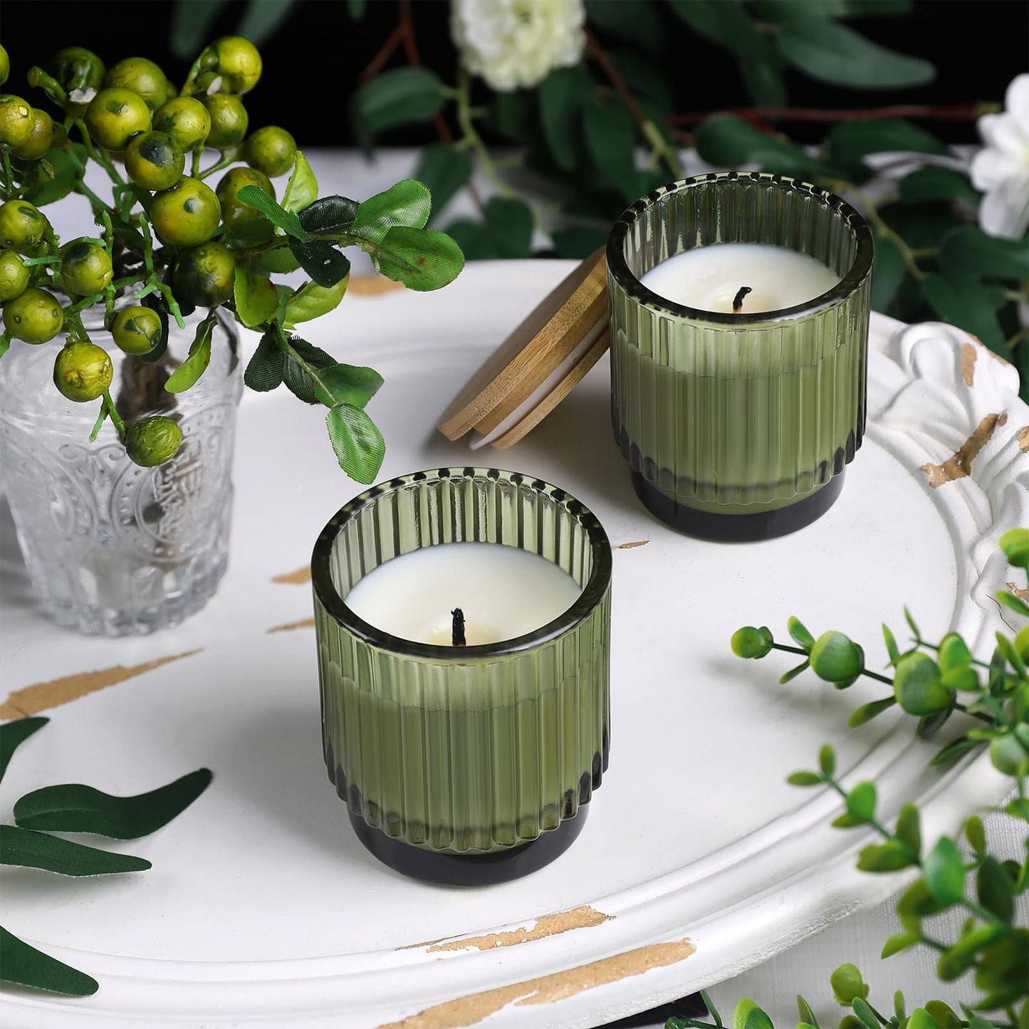 DEVI 7oz Empty Green Ribbed Glass Candle Jars - Set of 8, Glass Candle Containers with Bamboo Lids, Bulk Supplies for Gifts & Wedding Decorations