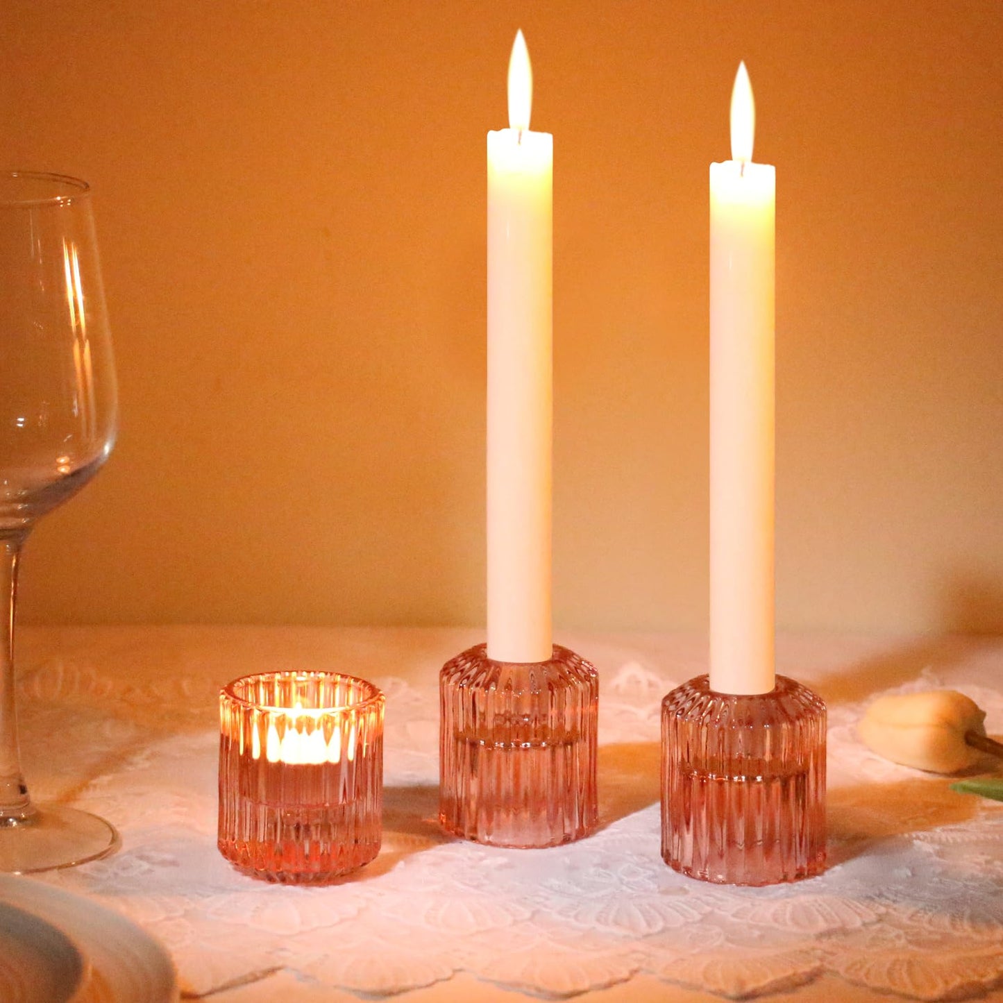 CHOCSTAY Reversible Rde Glass Candle Holder Set of 6, Thick Heat-Resistant Glass Candlestick Holders for Taper, Tealight, Votive, LED Candles, Perfect for Wedding, Party, Home Décor