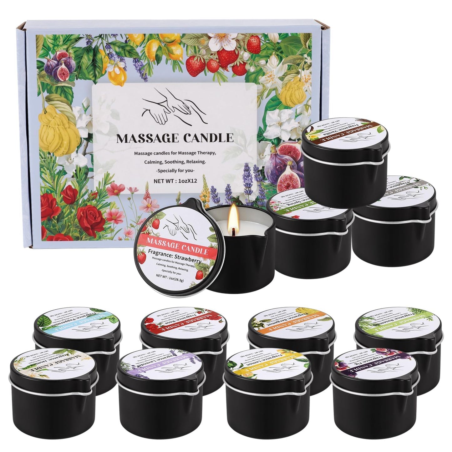 12-Pack Massage Candle Set - Low Temperature Soy Wax Melts into Silky Smooth Massage Oil, 1oz Aromatherapy Candles for Couples, Home Spa, Relaxation & Romantic Gifts (12 Scents)
