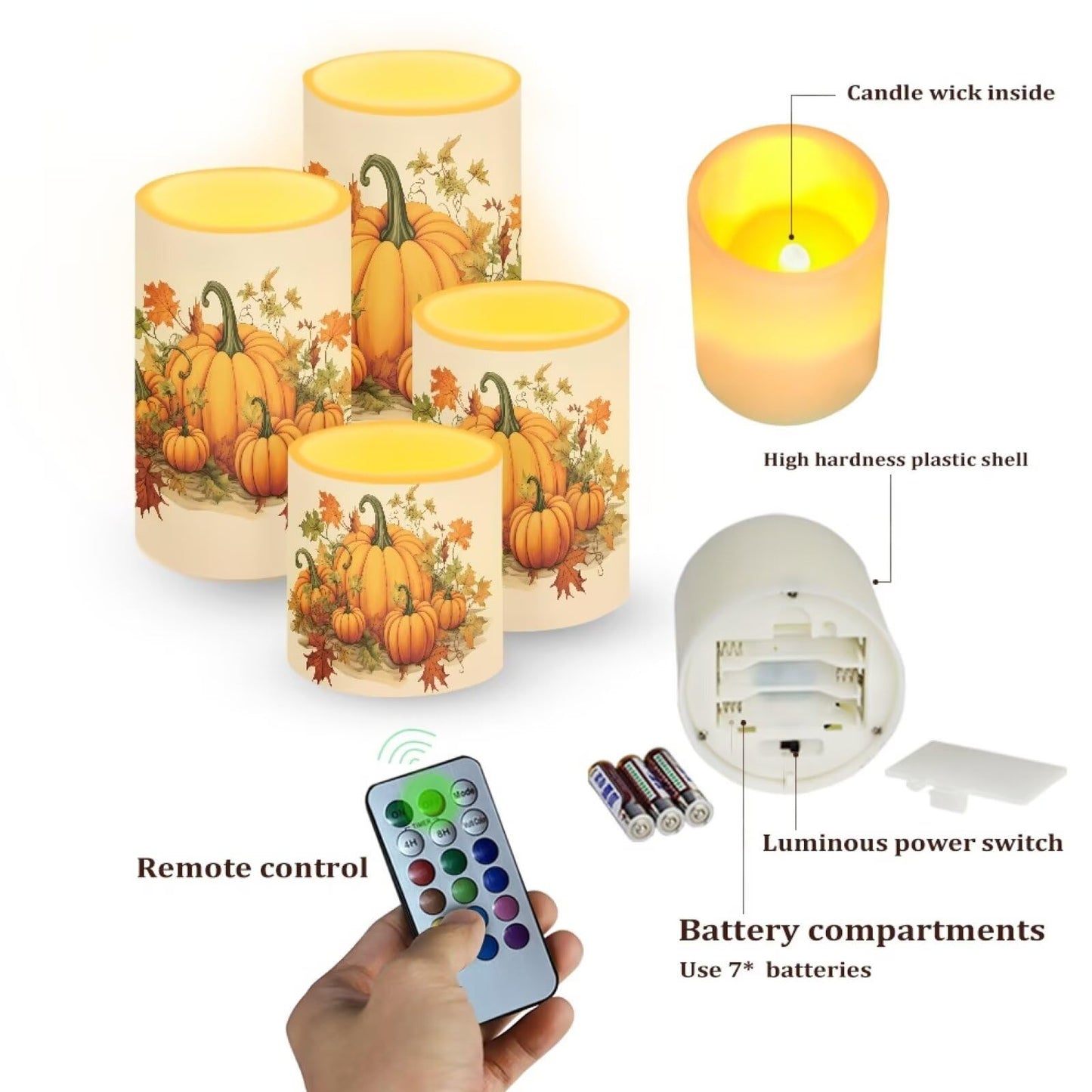 NETILGEN Fall Harvest Pumpkins Flameless Flickering Candles with Remote, Timer Battery Operated LED Pillar Candles Set of 4 Thanksgiving Day Decor