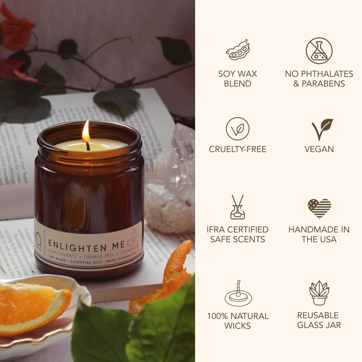 Bia Candle Co. Enlighten Me, Pineapple Pomegranate Cedar Soy Candle, Vanilla Orange, Perfume-Inspired, Hand Poured USA, High Fragrance Load, Lead-Free Wick, Mood Lifting Candle, 7 oz