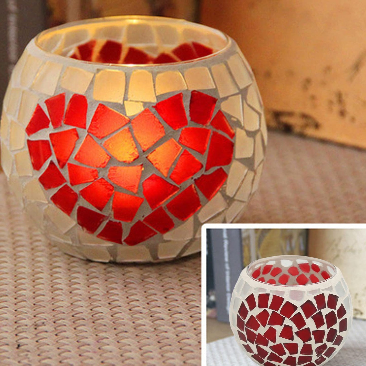 Mosaic Candle Holder, Hundreds of Small Glass Pieces Making Love Heart Pattern Delicate Mosaic Glass Tea Light Candle for Restaurants Bars