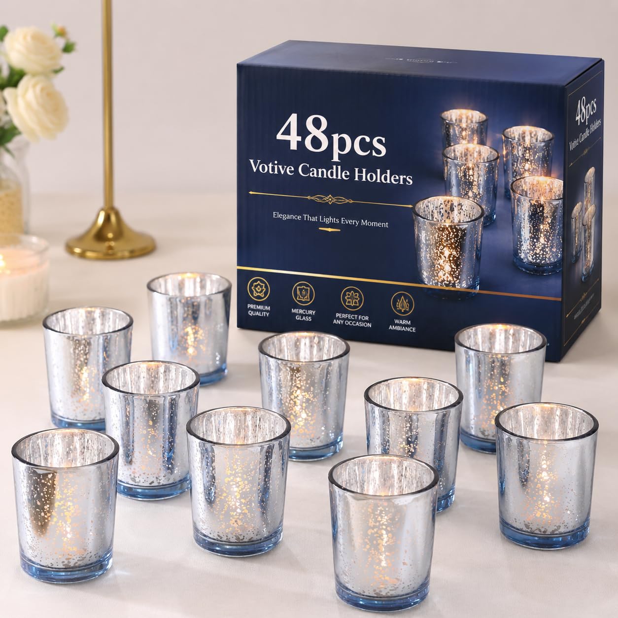 LETINE 48pcs Blue Votive Candle Holders – Glass Tea Light Candles Holder, Standard Votive Size for Regular Votive Candles – Bulk Candle Holder for Summer Weddings, Waterfront Venues, Home Decor