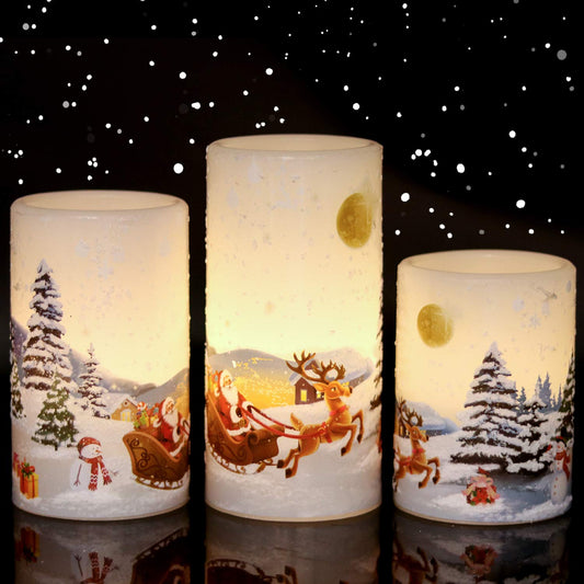 Eldnacele Christmas Flameless Candles with Timer, LED Flickering Battery Pillar Candles with 6H Timer and Santa Snowman Decals, Festival Winter Party Decoration Set of 3 (D 3” x H 4” 5” 6”) - Santa