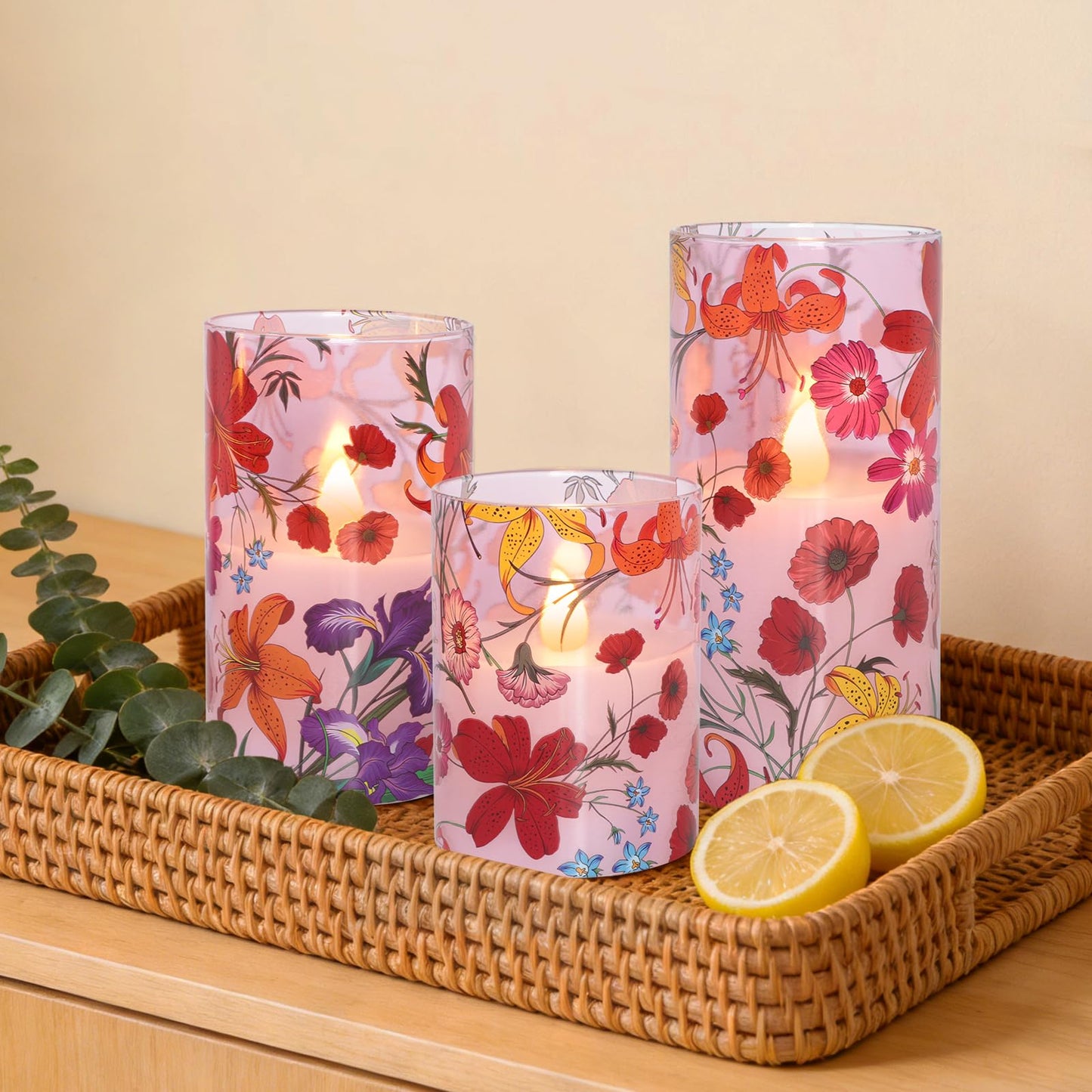 Impress Life Floral Flameless Candles with Remote, 3PCS Battery Operated LED Pillar Candles, Flickering Real Wax Glass Candles for Spring Decor Home Wedding Table Centerpiece Gift