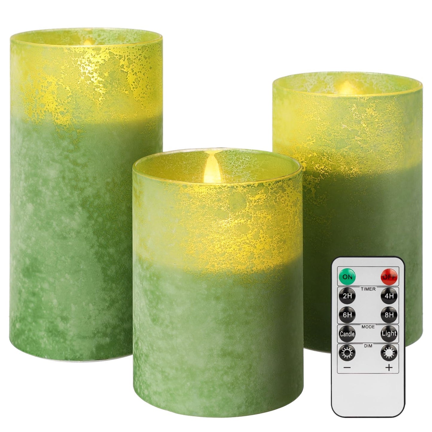 COVEGE Green Battery Operated Candles with Remote and Timer, Real Wax Flickering Flameless Candles, Glass LED Pillar Candles for Party Wedding Halloween Christmas Decoration