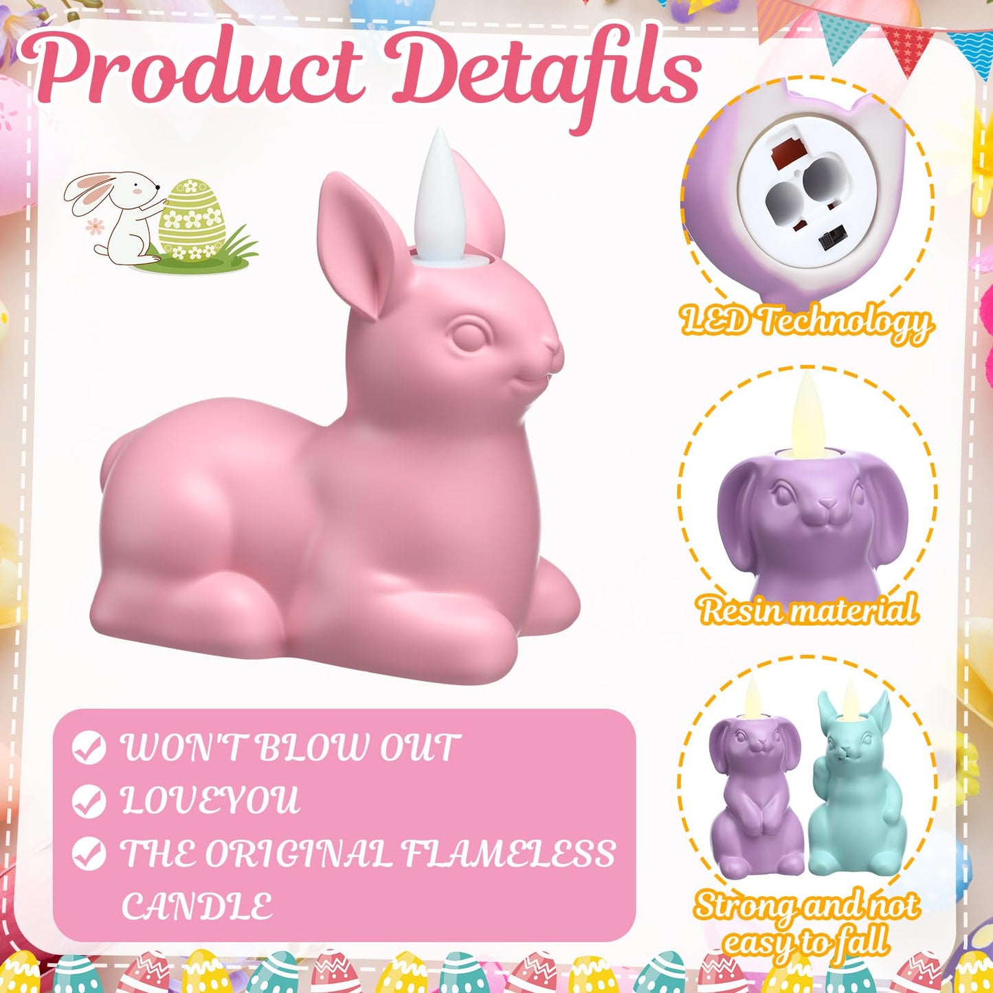 Bucherry 4 Pcs Easter Bunny Flameless Candle Light 7.5" LED Pastel Easter Rabbit Candles Battery Operated Spring Lighted Tealight Bunny Flickering Tea Light Gifts for Women Spring Home Table Decor