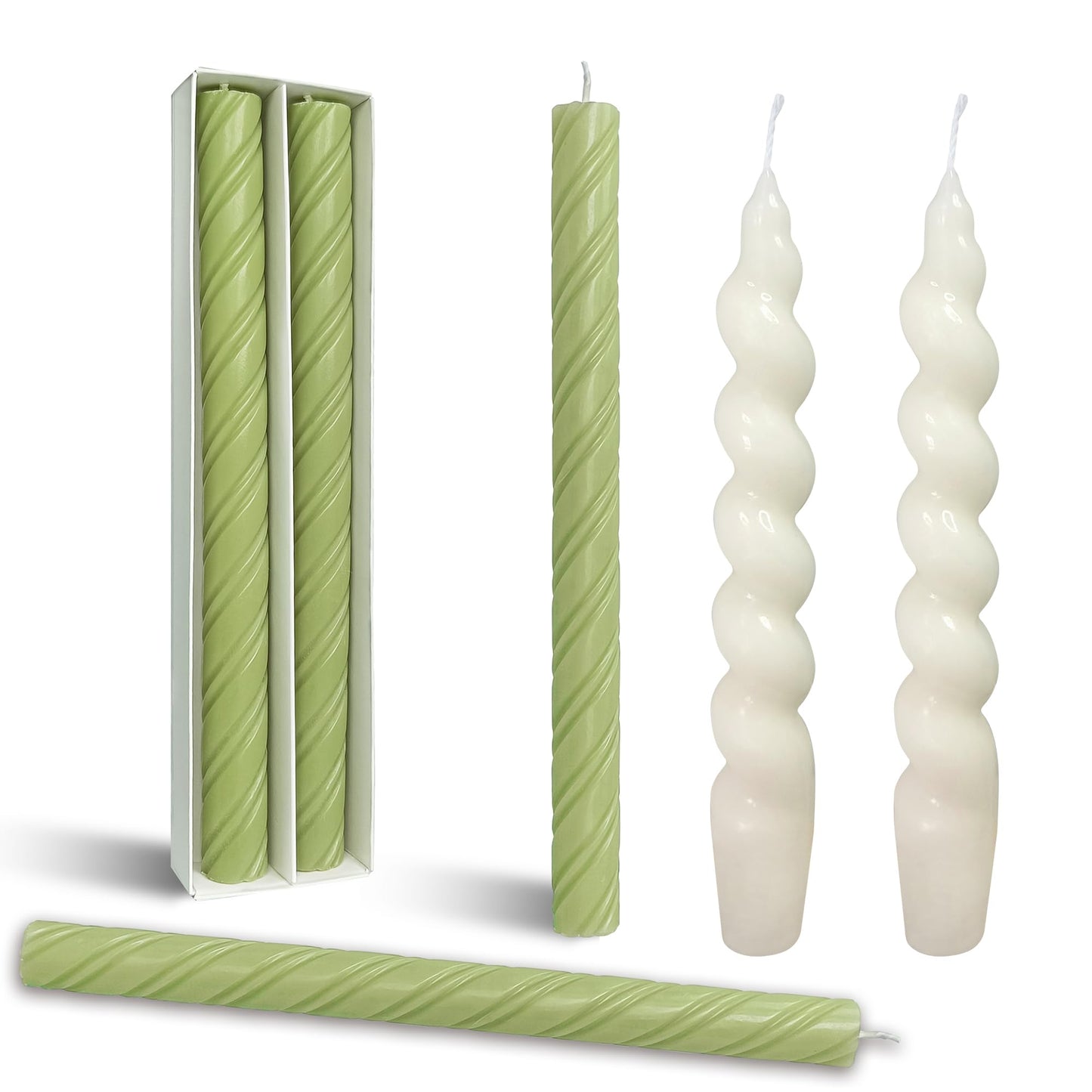 4 Pcs Spiral Taper Candle Milk White and Green Unscented Twisted Candlesticks Smokeless Candle Stick for Wedding Dinner Decor Creative Gifts