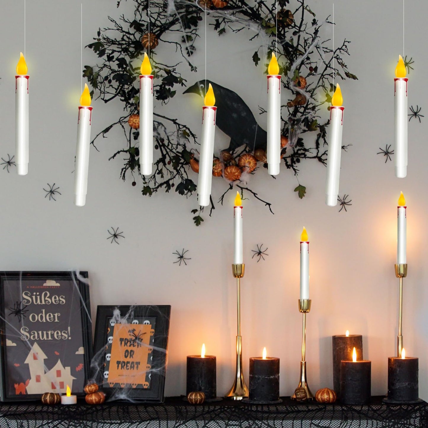 GOOTHY 10 PK Halloween Floating Candles, Hanging Floating Candles with Remote and Flickering Warm Lights, Battery Operated LED Flameless Window Candle Lights for Halloween Party Birthday Home Decor