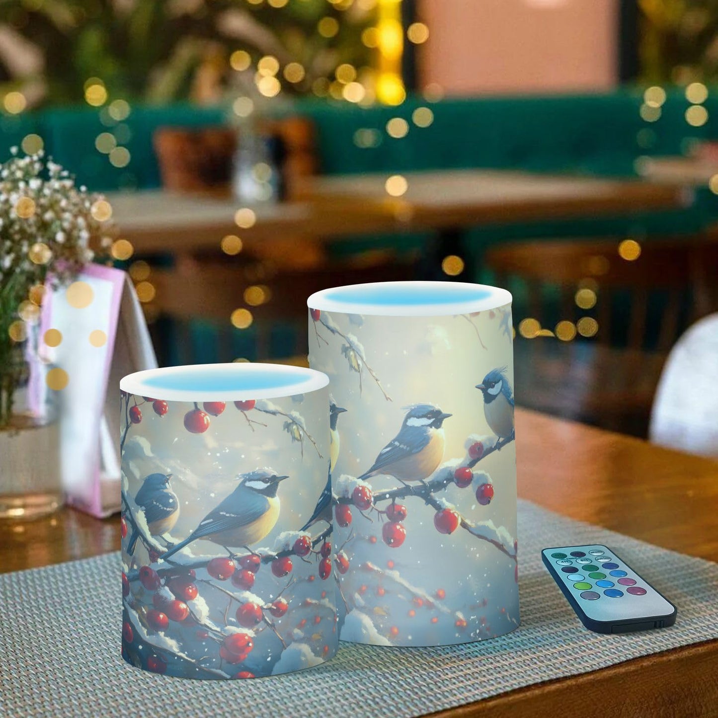 ALAZA Christmas Winter Birds Cherry Flickering Flameless Candles Battery Operated with Remote Timer,Tea Light Candles LED Pillar Votive Candles Set of 2 for Outdoor Indoor Decorations