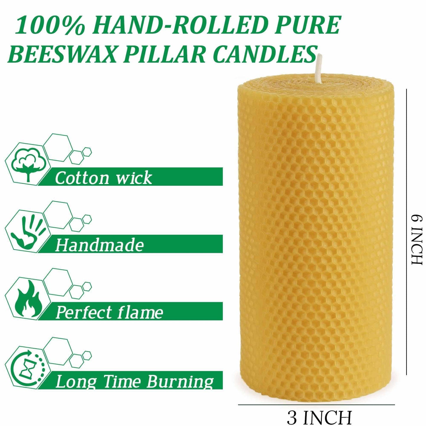 Pure 3x6 Inch Natural Bees Candles Hand Rolled Candle 2 Pack,Honeycomb Candles Pillar Candle 30 Hours Long Burning,Dripless and Smokeless for Home Decor Party Dinner Gifts