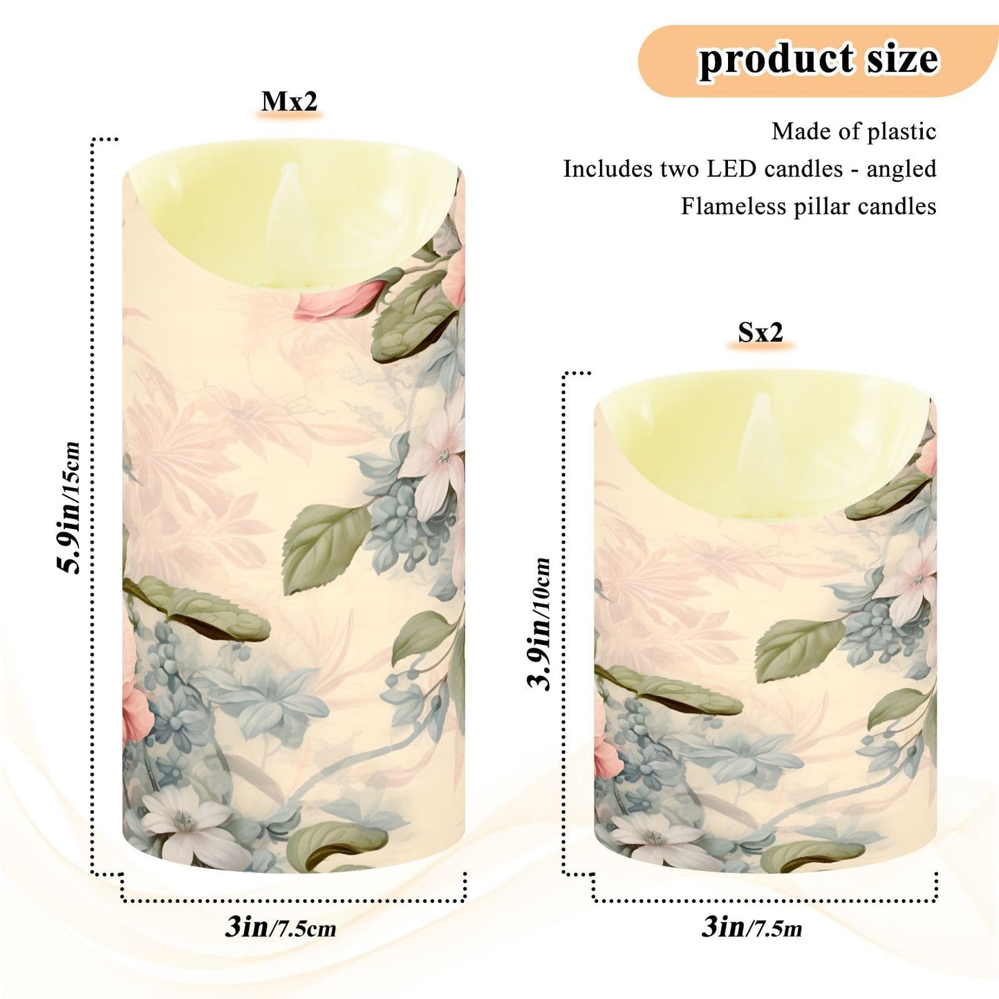 ALAZA Pink Flowers Flora Flickering Flameless Candles Battery Operated with Remote Timer,Tea Light Candles LED Pillar Votive Set of 2 for Outdoor Indoor Decorations 3" x5.9"
