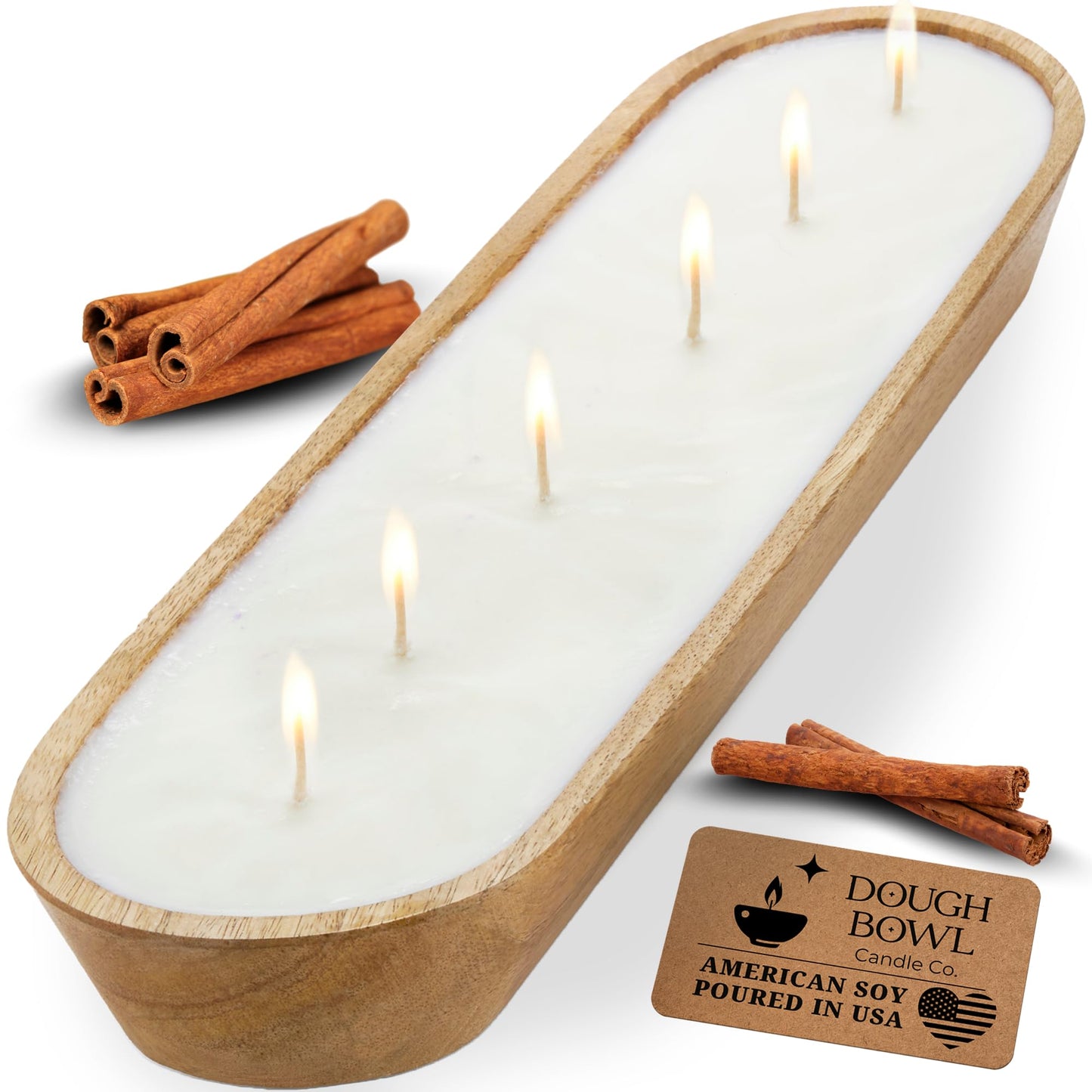 Dough Bowl Candle Co. Warm Cinnamon Buns Soy Candle - 6 Wick Rustic Farmhouse Coffee Table Decor, Odor Eliminator in Wooden Bowls, 32 Oz Wooden Dough Bowl Candle, All-Natural Gifts for Women and Men