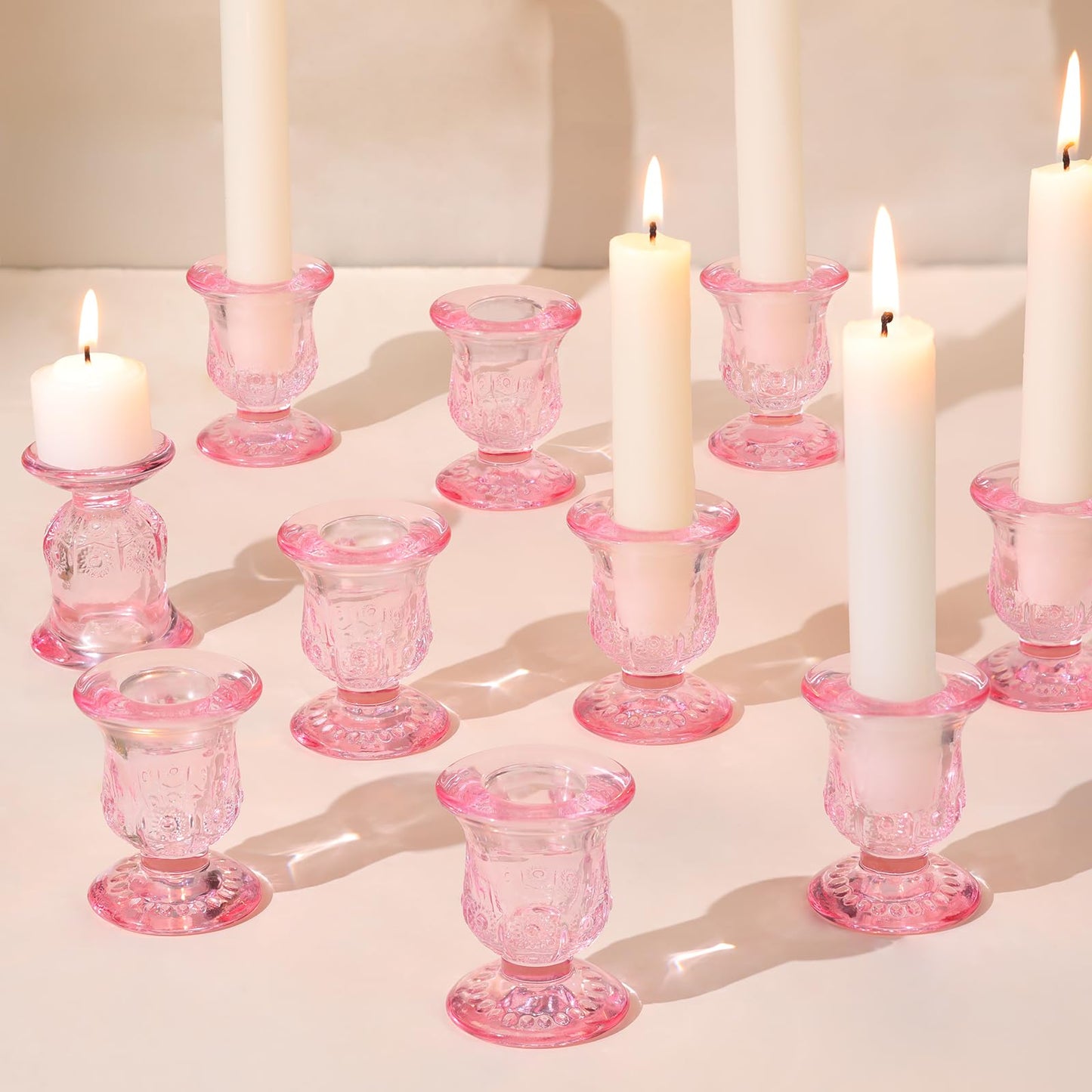sunnyfuture 10pcs Pink Candlestick Holders, Glass Taper Candle Holders for Table Centerpiece Decor, Wedding, Valentine's Day, Mother's Day, Party Gift