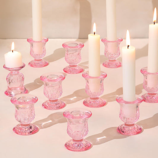 sunnyfuture 10pcs Pink Candlestick Holders, Glass Taper Candle Holders for Table Centerpiece Decor, Wedding, Valentine's Day, Mother's Day, Party Gift
