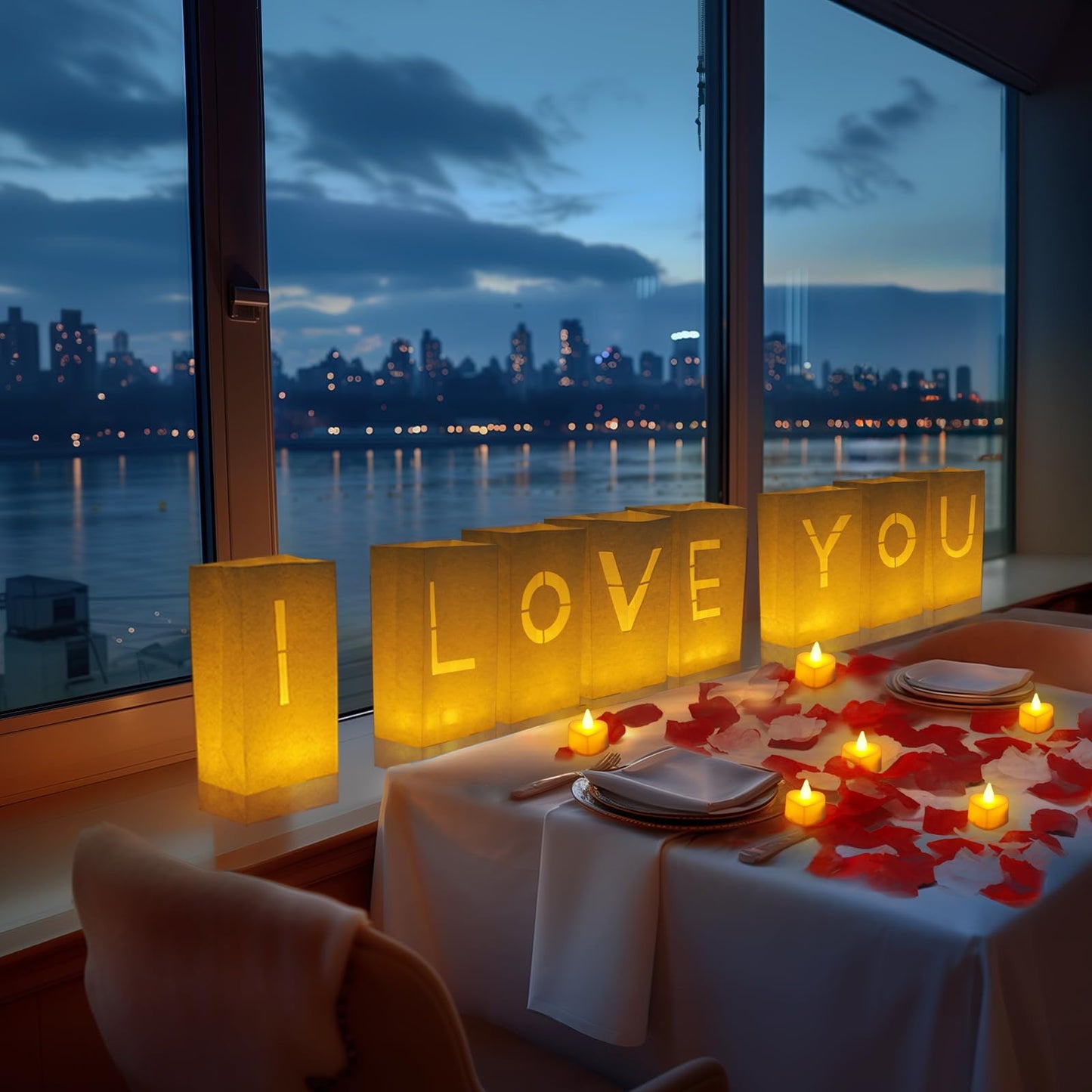 Homemory I Love You Light Up Letters Proposal Decorations with Flameless Candles and 2000 Fake Rose Petals, Valentine's Day Luminary Bags Romantic Decorations Special Night for Wedding Anniversary