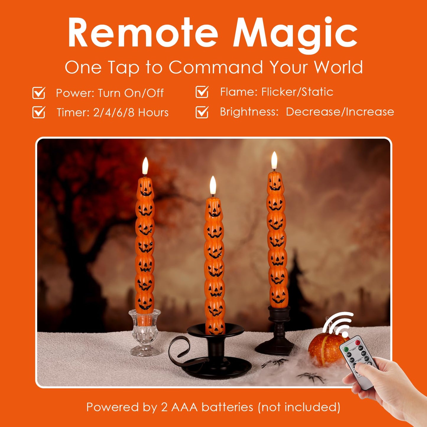 Girimax Orange Pumpkin Halloween Flameless Taper Candles with Remote, Flickering Spooky LED Wax Candlesticks Battery Operated, Set of 2