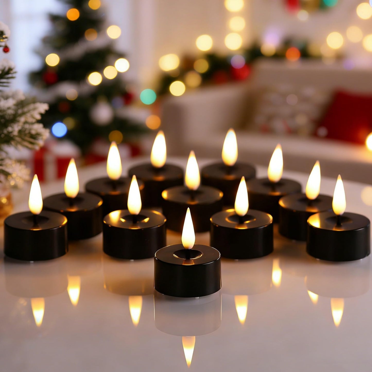 Eywamage Black Flameless LED Tealights with Timer, Flickering Battery Operated Tea Lights Votive Candles Set of 12