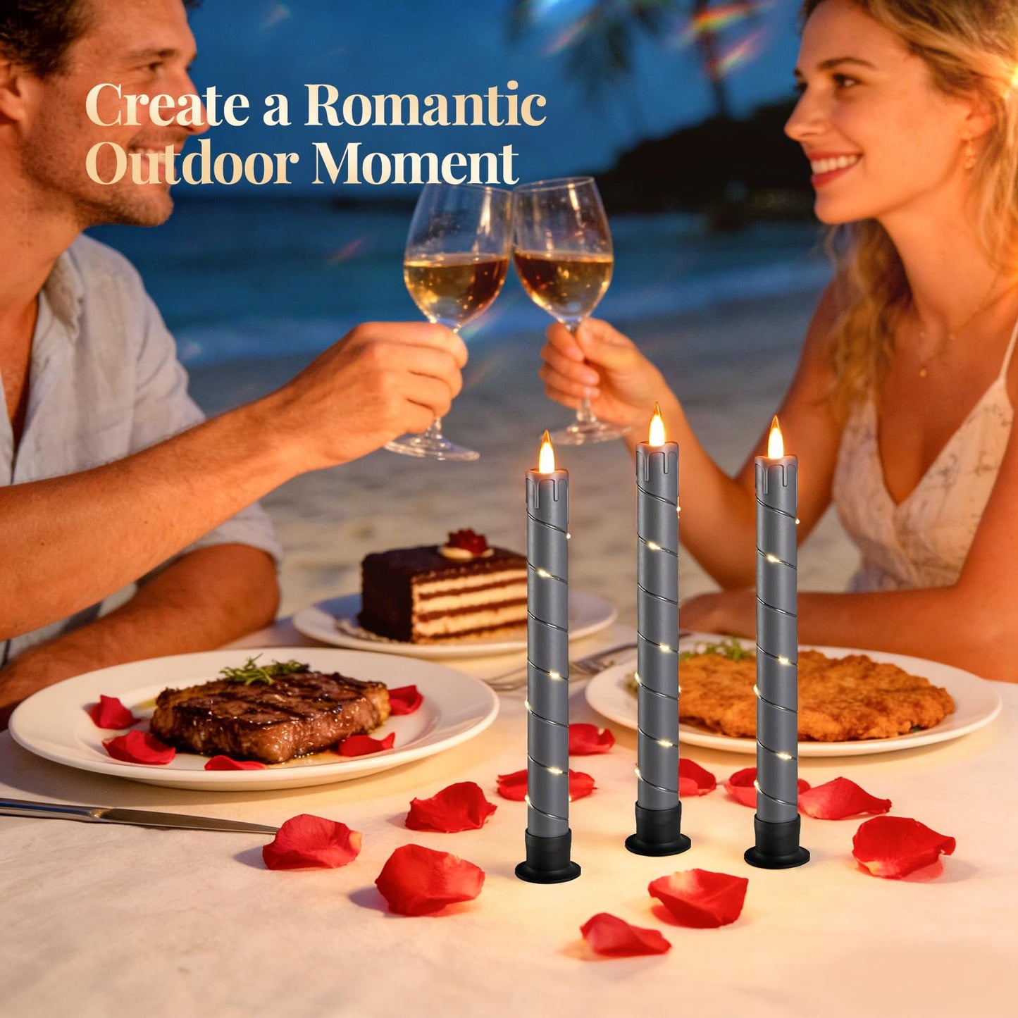 Rlojru 3PCS Flameless Taper Candles Grey Black Battery Operated, with Embedded Fairy String Lights, LED Flickering Flame Candle, Remote Control,Timer for Wedding, Birthday Party, Prom, Home Decoration