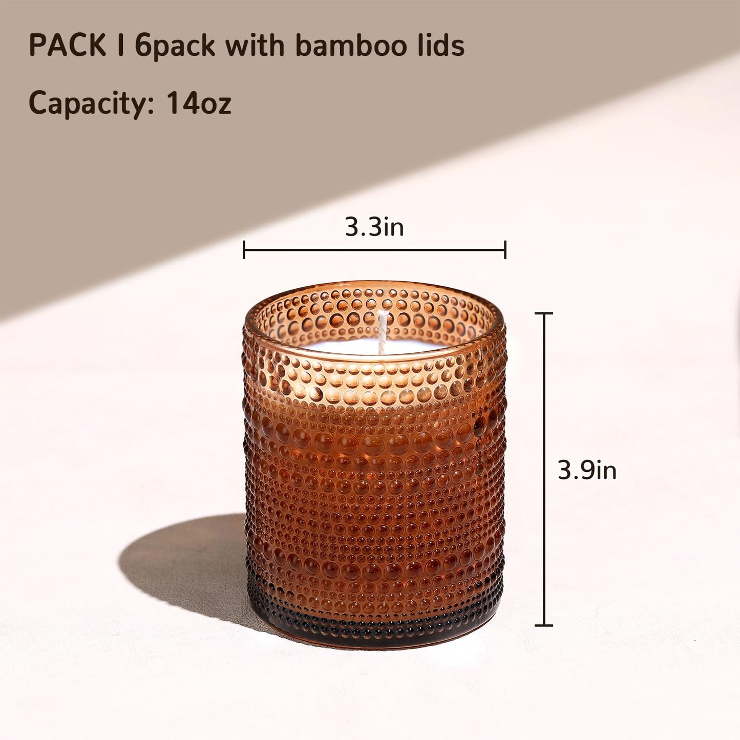 DEVI 14oz Amber Empry Glass Candle Jars for Making Candles (6 Pack), 3 Wick Candle Jars, Bulk Empty Candle Containers, Candle Tins Making Supplies for Gifts, Boho Cristmas Shelf Decor