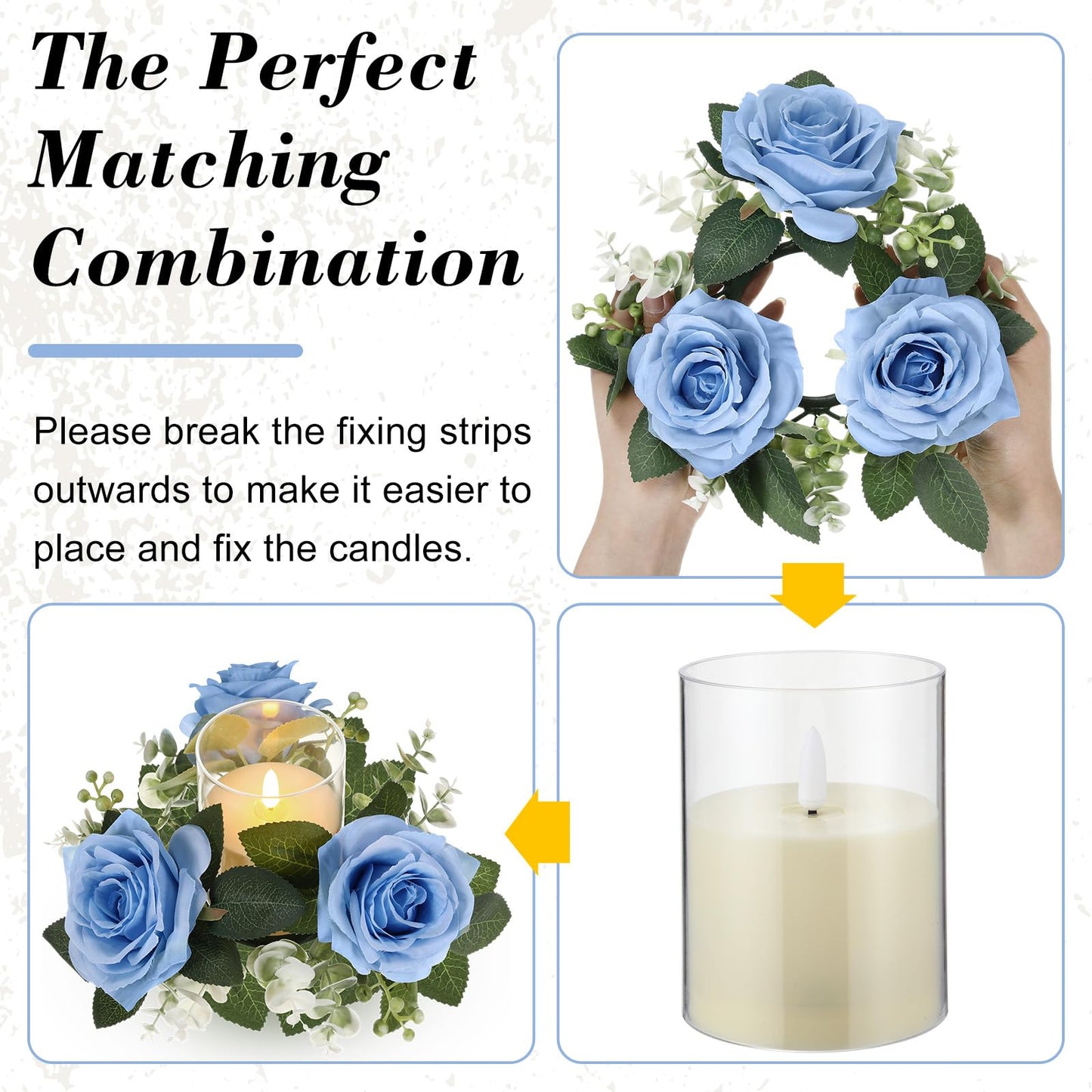 Yunlly 32 Pcs Rose Candle Rings with Flameless Candles Sets, Artificial Flower Eucalyptus Wedding Centerpiece 3 Inch Pillar Candleholders Wreaths for Wedding Party Mother's Day (Blue)