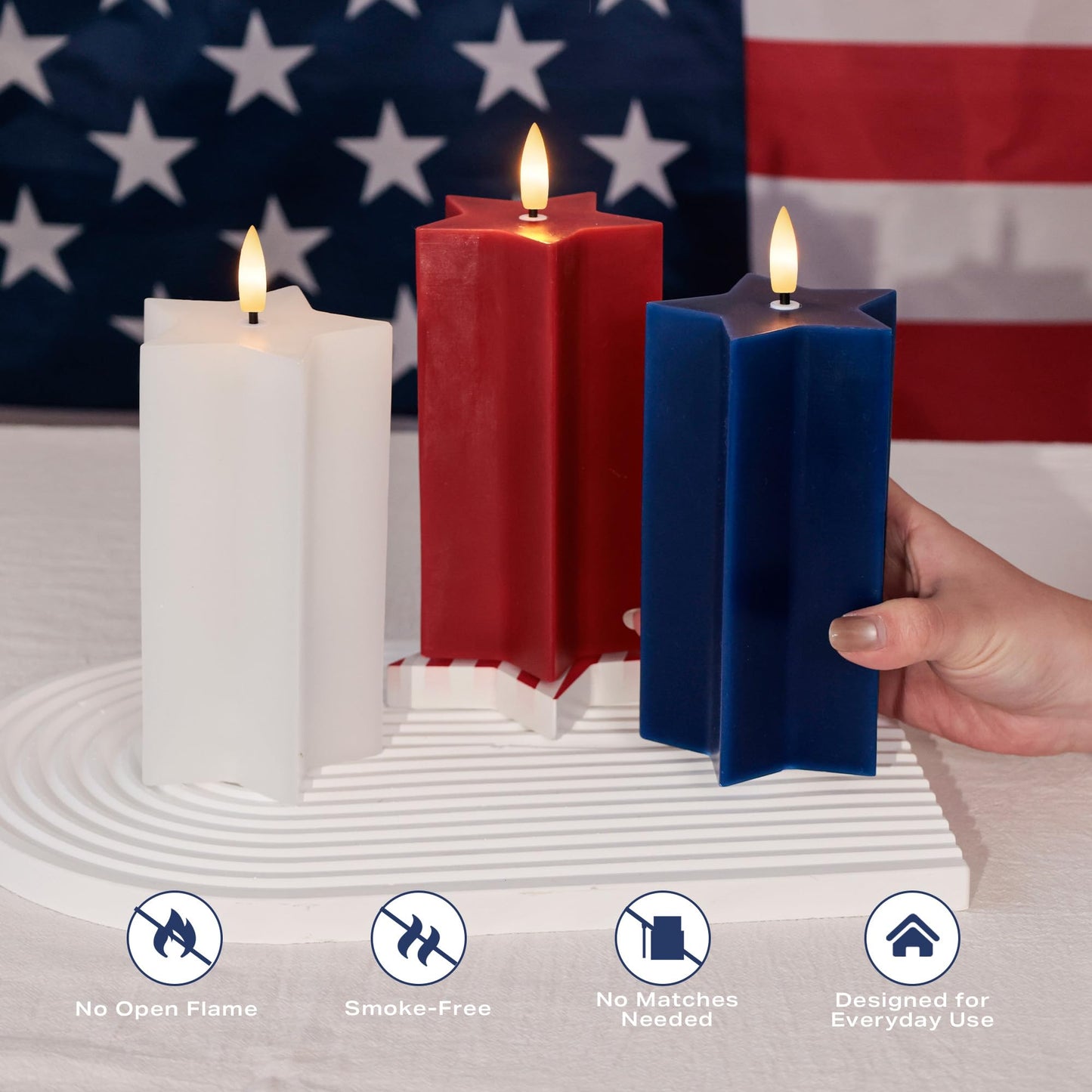 4th of July Flameless Candles with Remote, Red White and Blue Patriotic LED Candles, Battery Operated Star Shaped Decorative Candles for Independence Day Home Party Decor, Set of 3