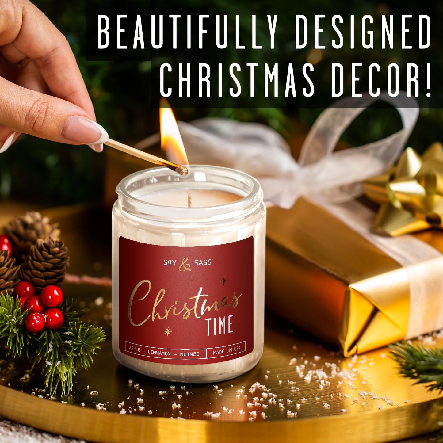 Christmas Candles Scented - 'Christmas Time' Soy Christmas Candle, w/Apple, Cinnamon, Clove - Infused with Essential Oils I Holiday Candles I 9oz, 50Hr, Made in USA